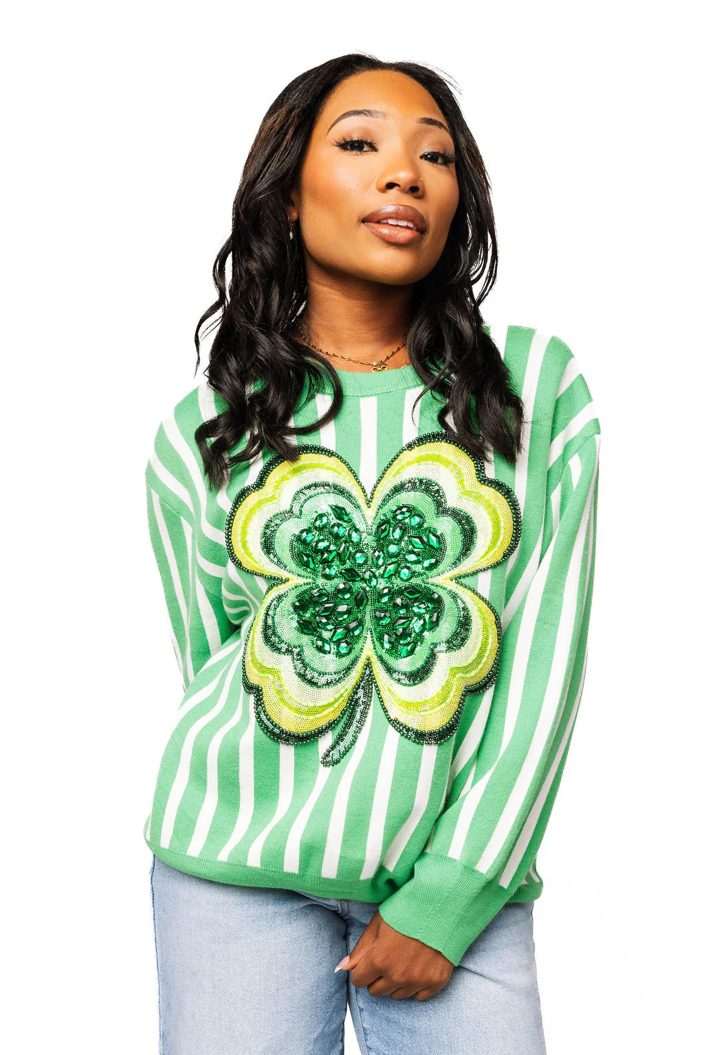 Queen of Sparkles Green & White Stripe Shamrock Sweater