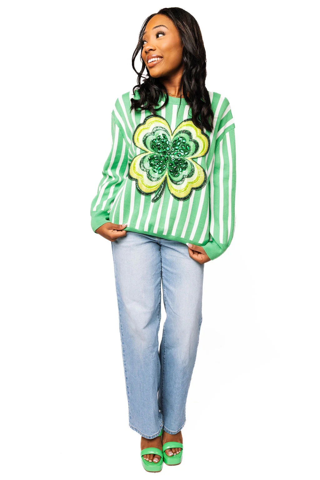 Queen of Sparkles Green & White Stripe Shamrock Sweater