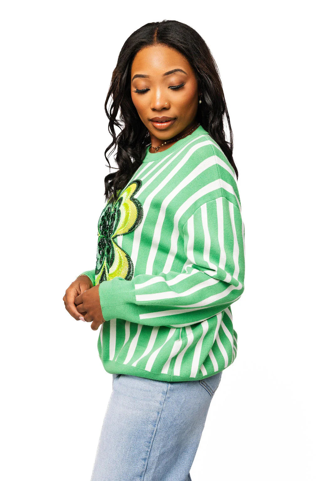 Queen of Sparkles Green & White Stripe Shamrock Sweater