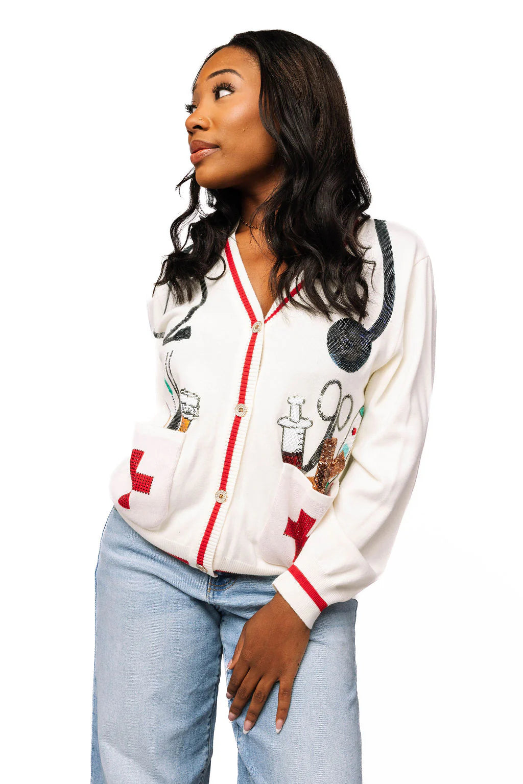 Queen of Sparkles White Medical Instrument Button Up Cardigan