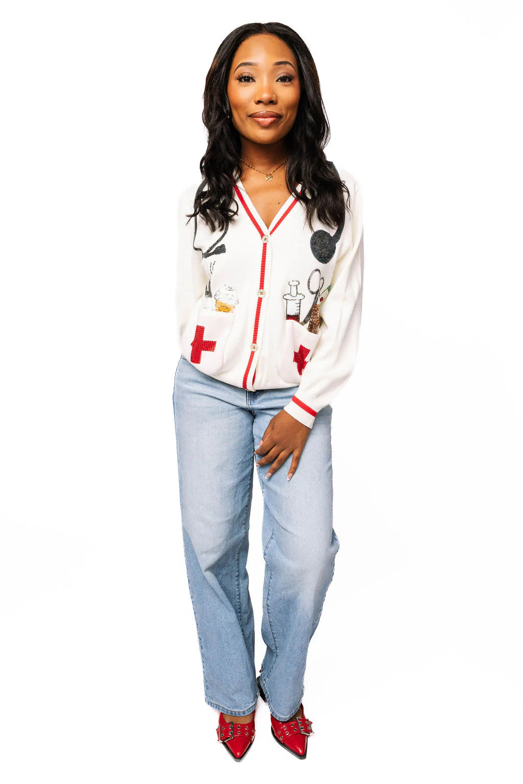 Queen of Sparkles White Medical Instrument Button Up Cardigan
