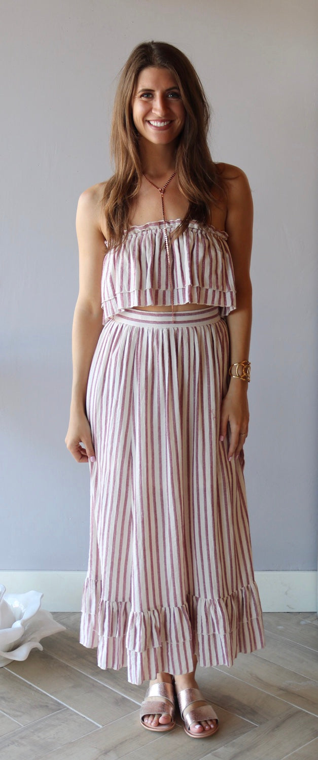 LOUVRE 2pc Stripe Layered Strapless Top/ HiSlit RuffleHem Maxi Skirt Set