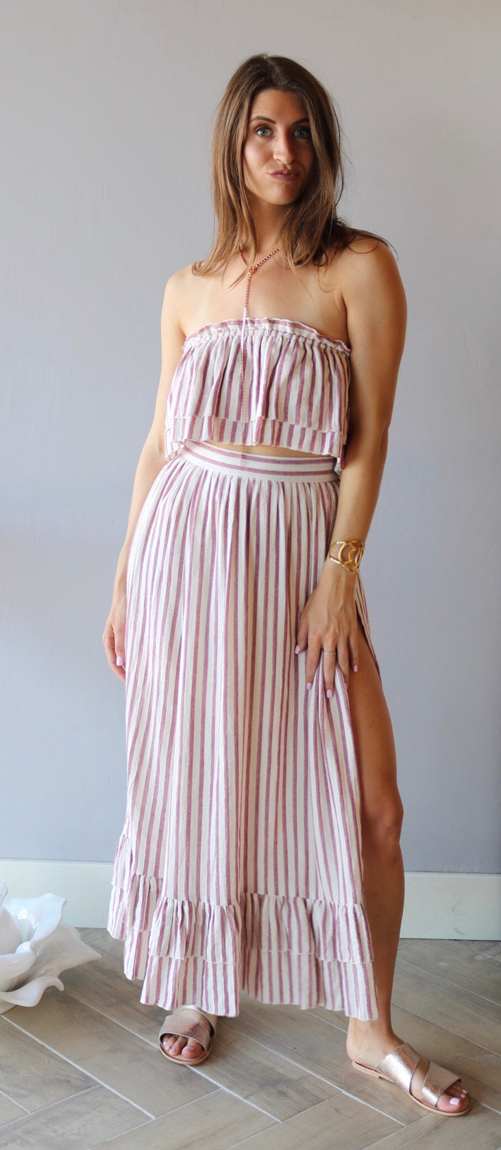 LOUVRE 2pc Stripe Layered Strapless Top/ HiSlit RuffleHem Maxi Skirt Set