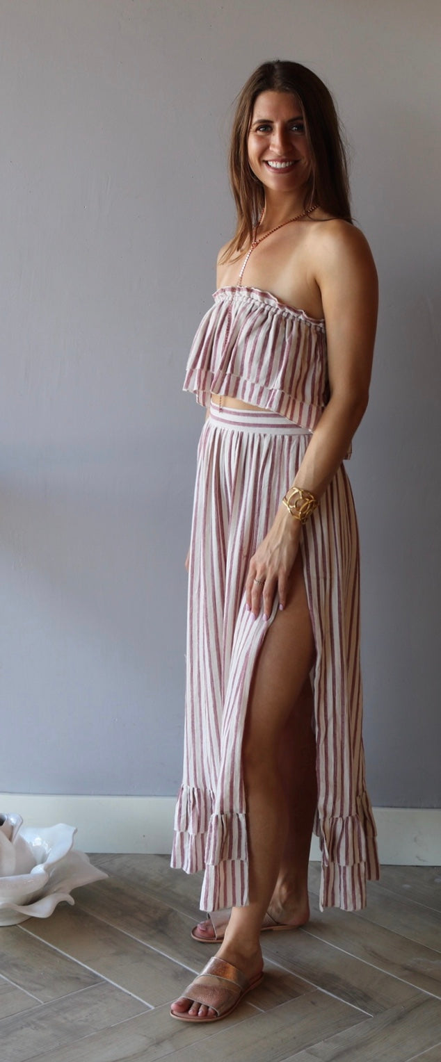 LOUVRE 2pc Stripe Layered Strapless Top/ HiSlit RuffleHem Maxi Skirt Set