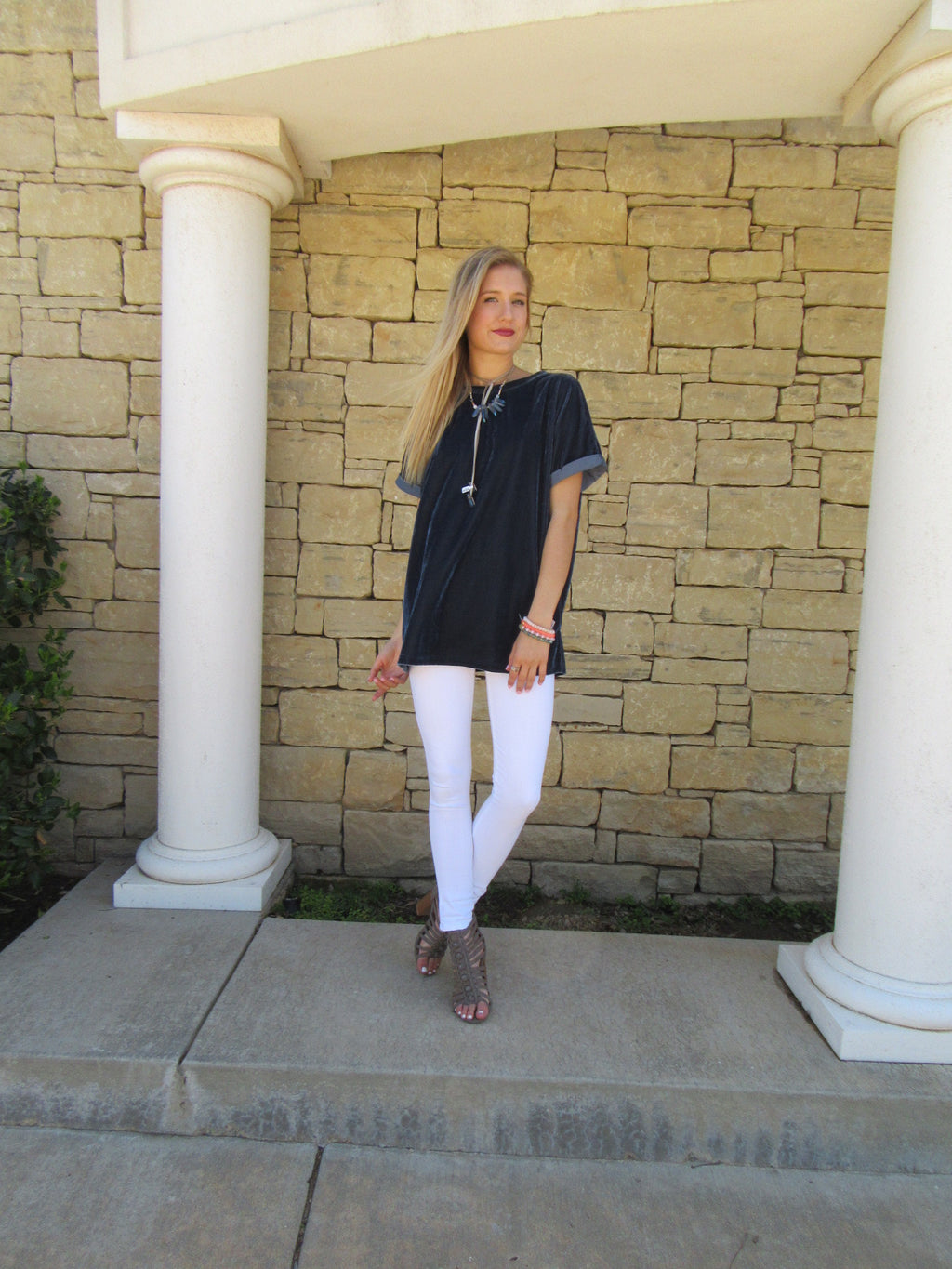 UPON A STAR Velvet Roll Sleeve Tunic Top