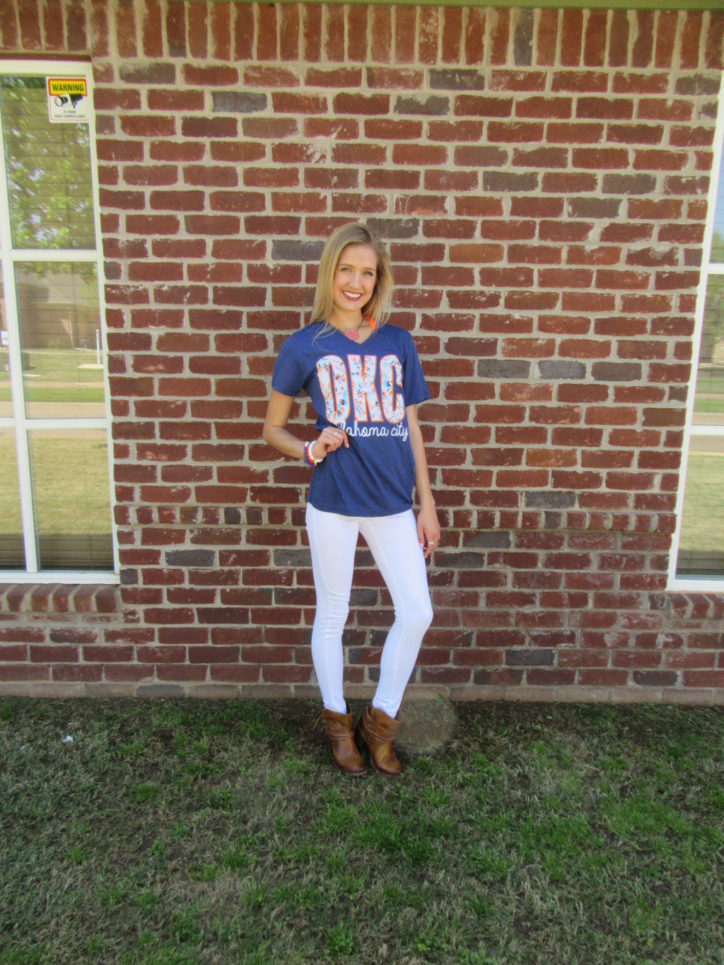 OKC Embroidery Print Oklahoma City V-Neck TriBlend Tee Top