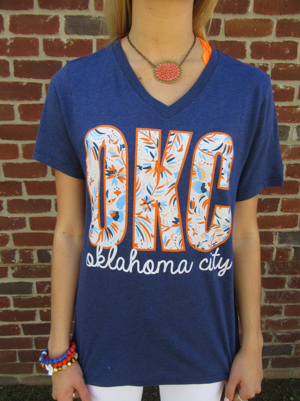 OKC Embroidery Print Oklahoma City V-Neck TriBlend Tee Top