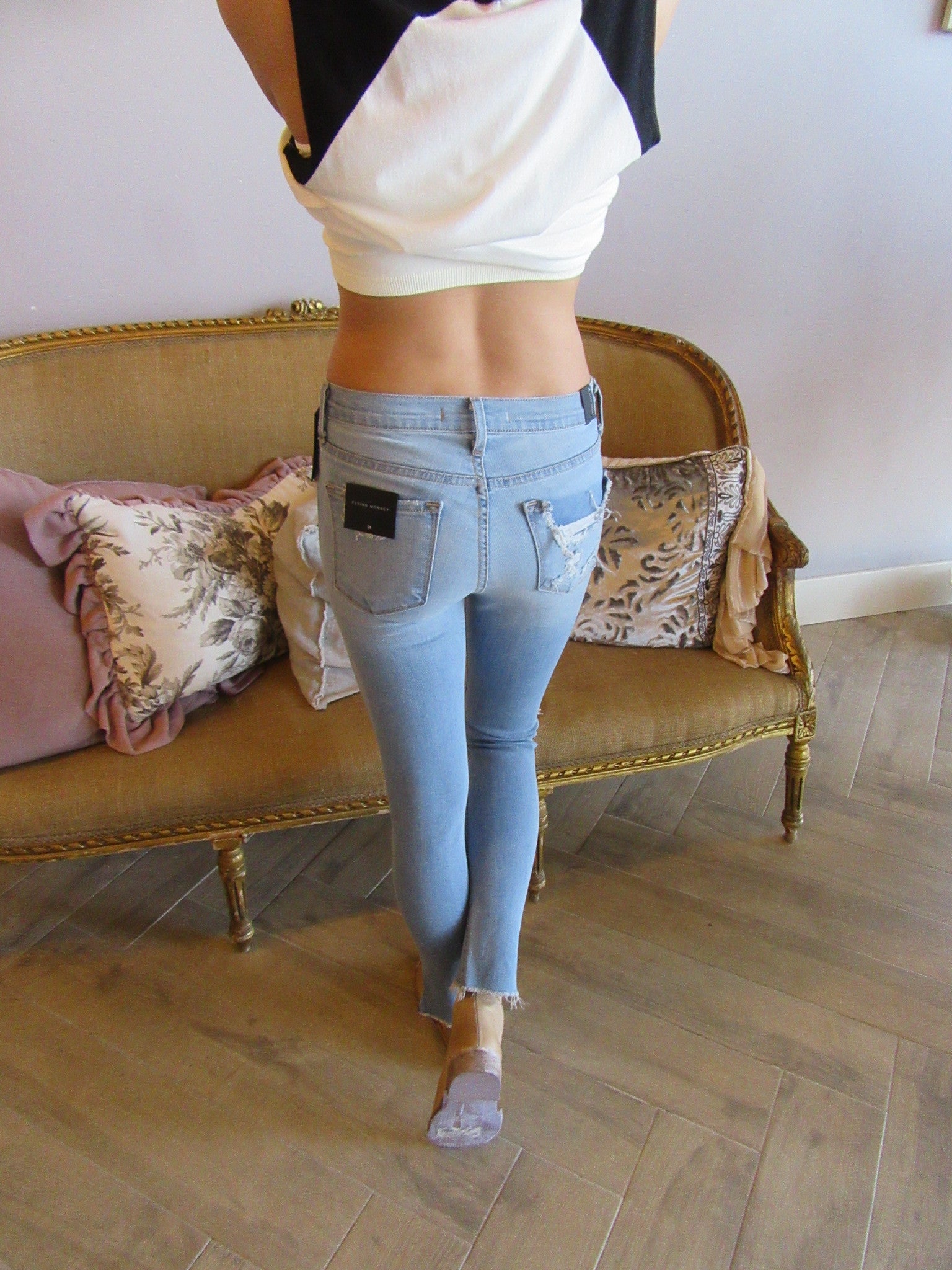 FLYING MONKEY Distressed REVENGE BLUE Uneven FrayHem Skinny Jean