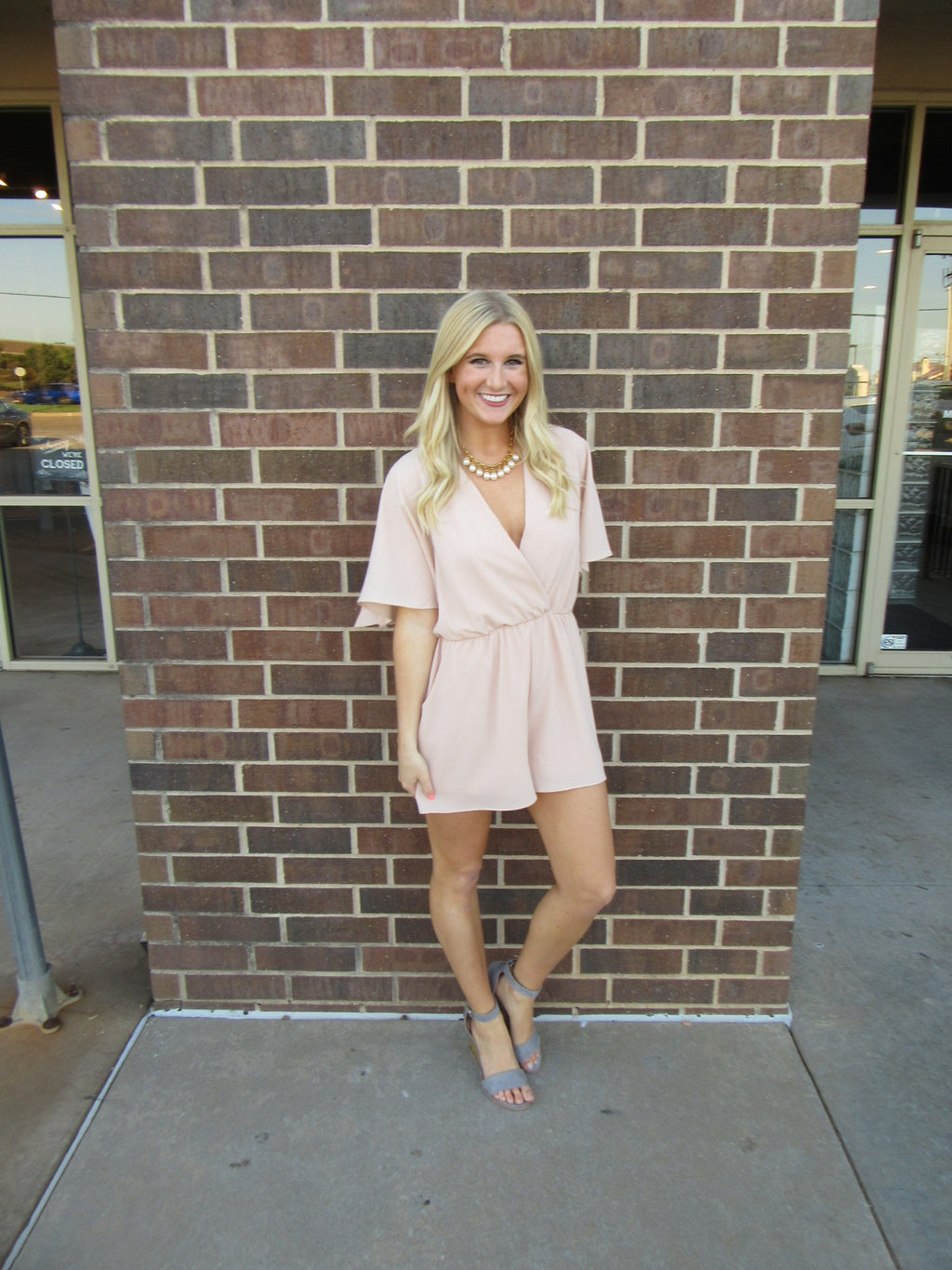 INTO THE RUSH Blush Open FlutterSleeve Short Romper