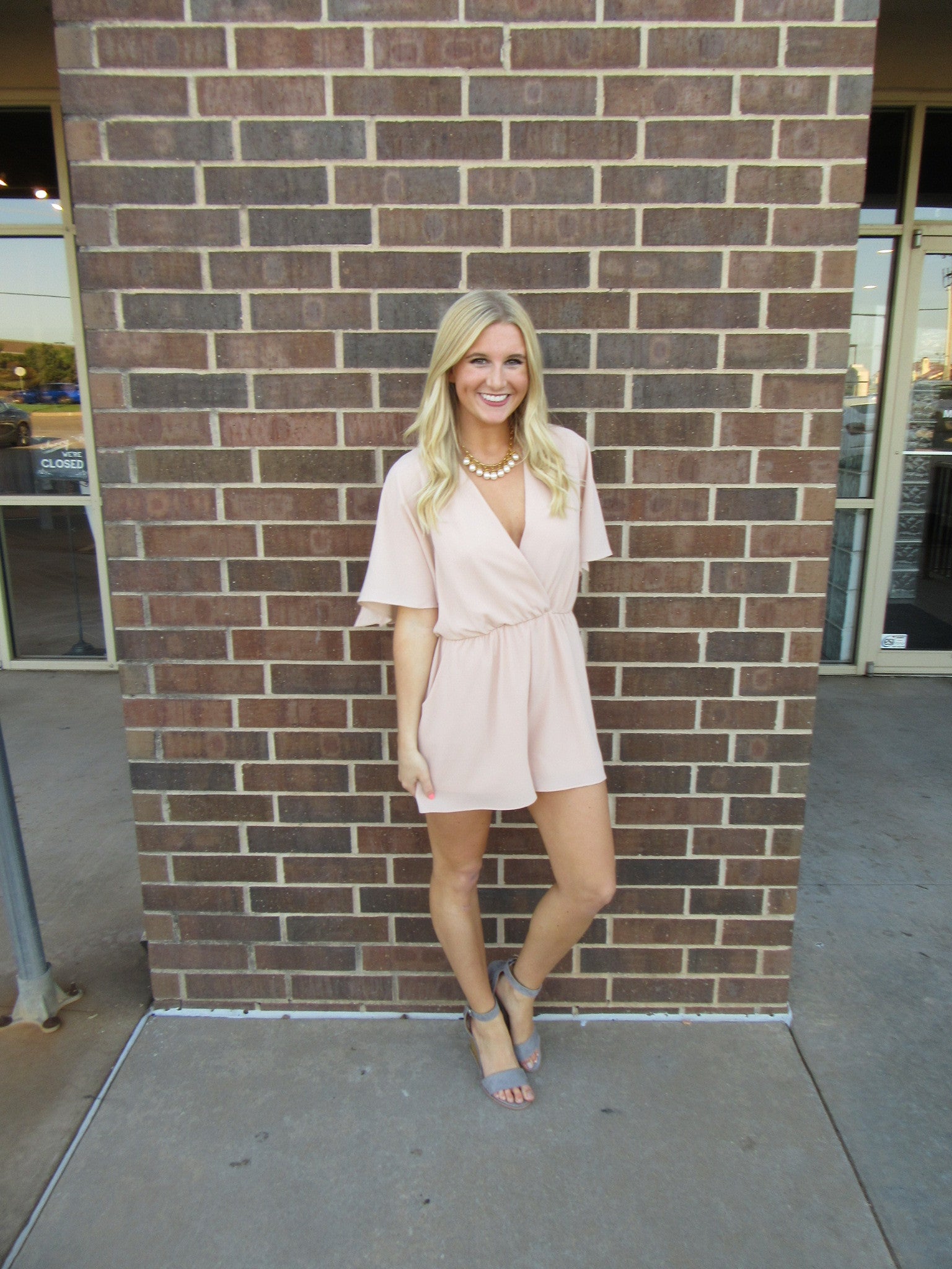 INTO THE RUSH Blush Open FlutterSleeve Short Romper