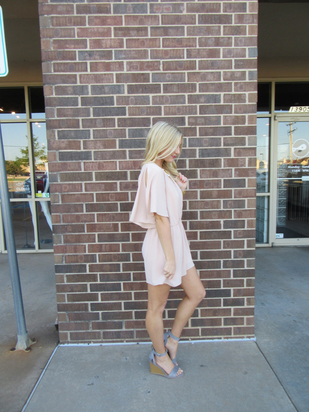 INTO THE RUSH Blush Open FlutterSleeve Short Romper