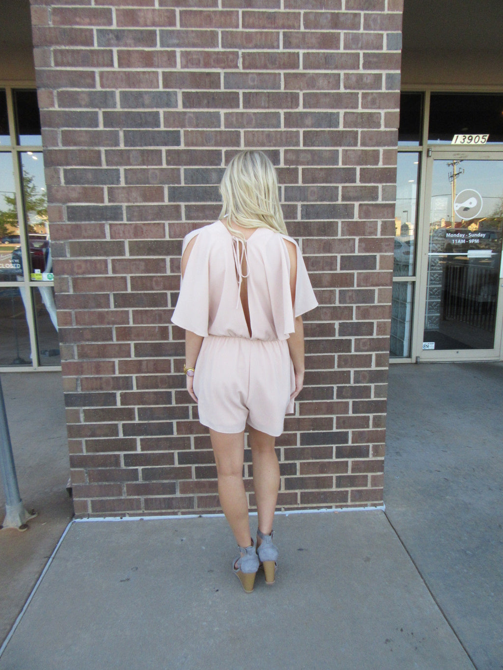 INTO THE RUSH Blush Open FlutterSleeve Short Romper