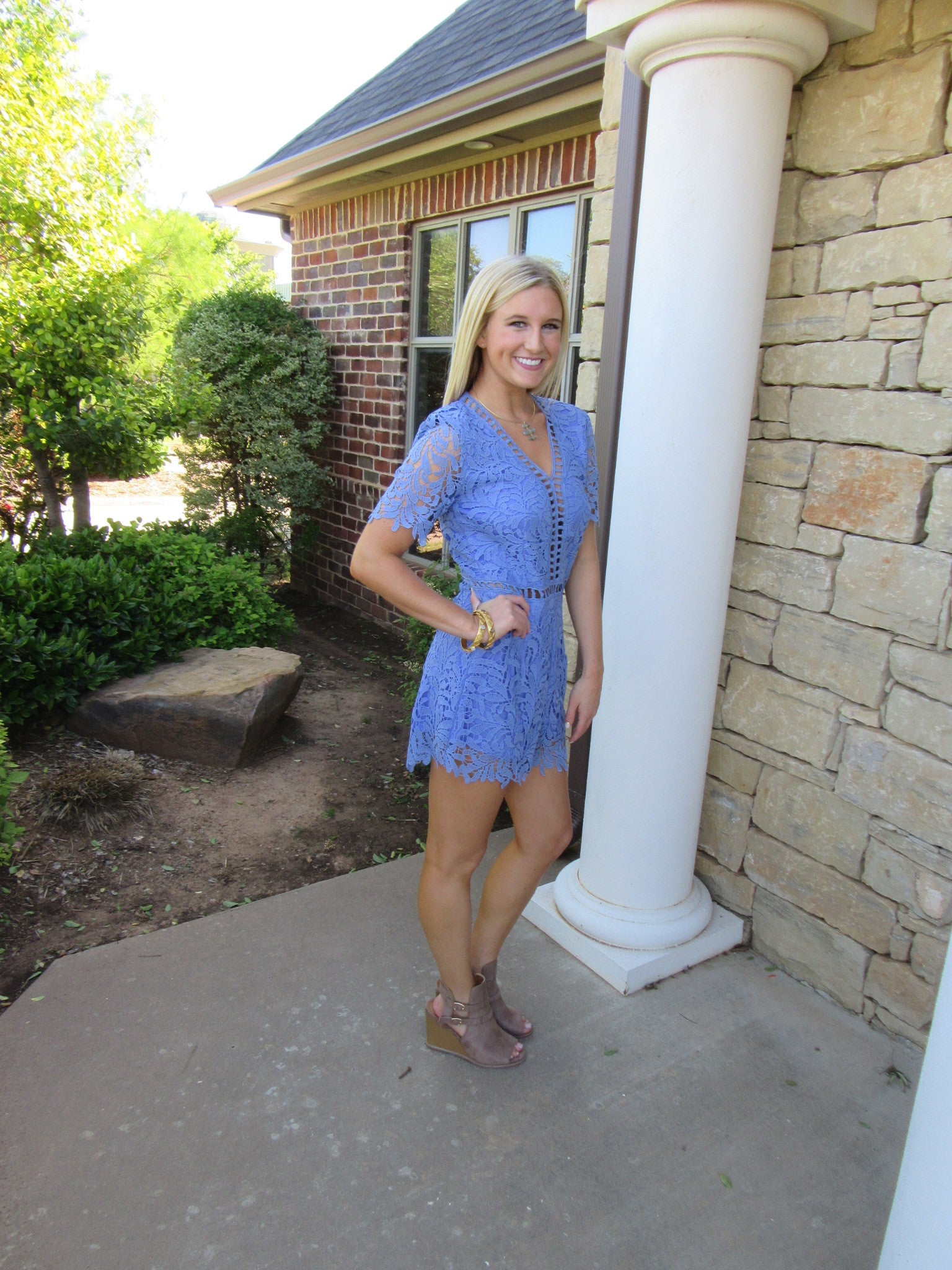 SHE & SKY Ice Blue PROMISES Lace Cutout Romper