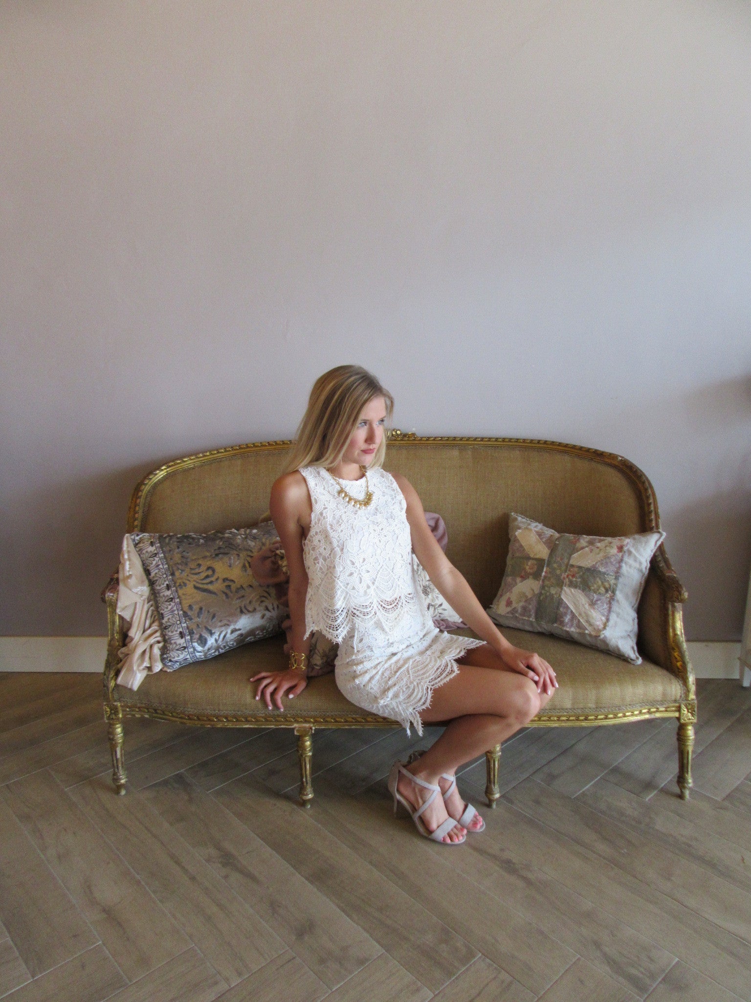 BELIEVER 2pc Battenburg Lace Crop Top/Skirt Set