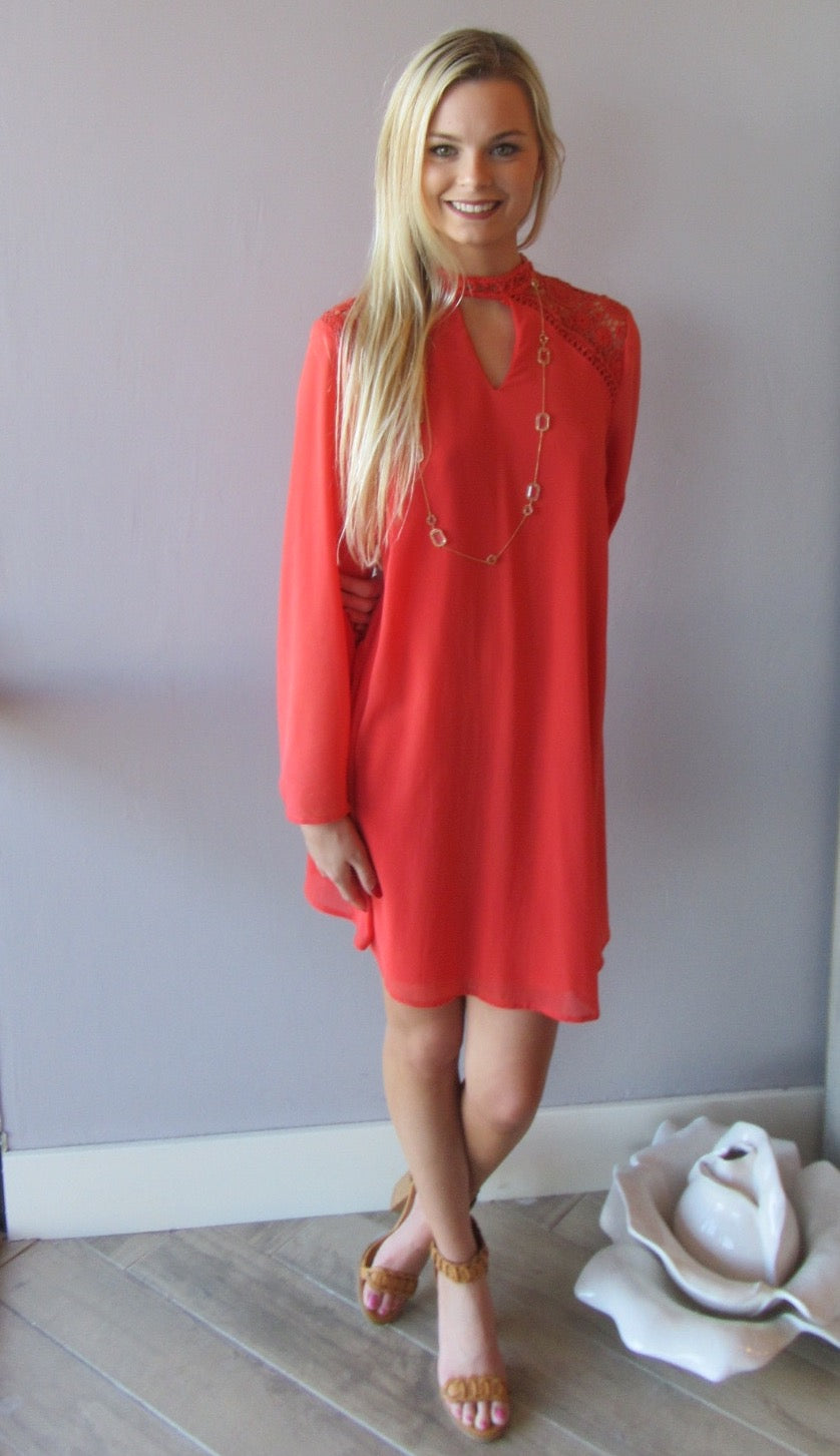 BENEDICTION Lace Contrast BellSleeve Chiffon Sheath Dress