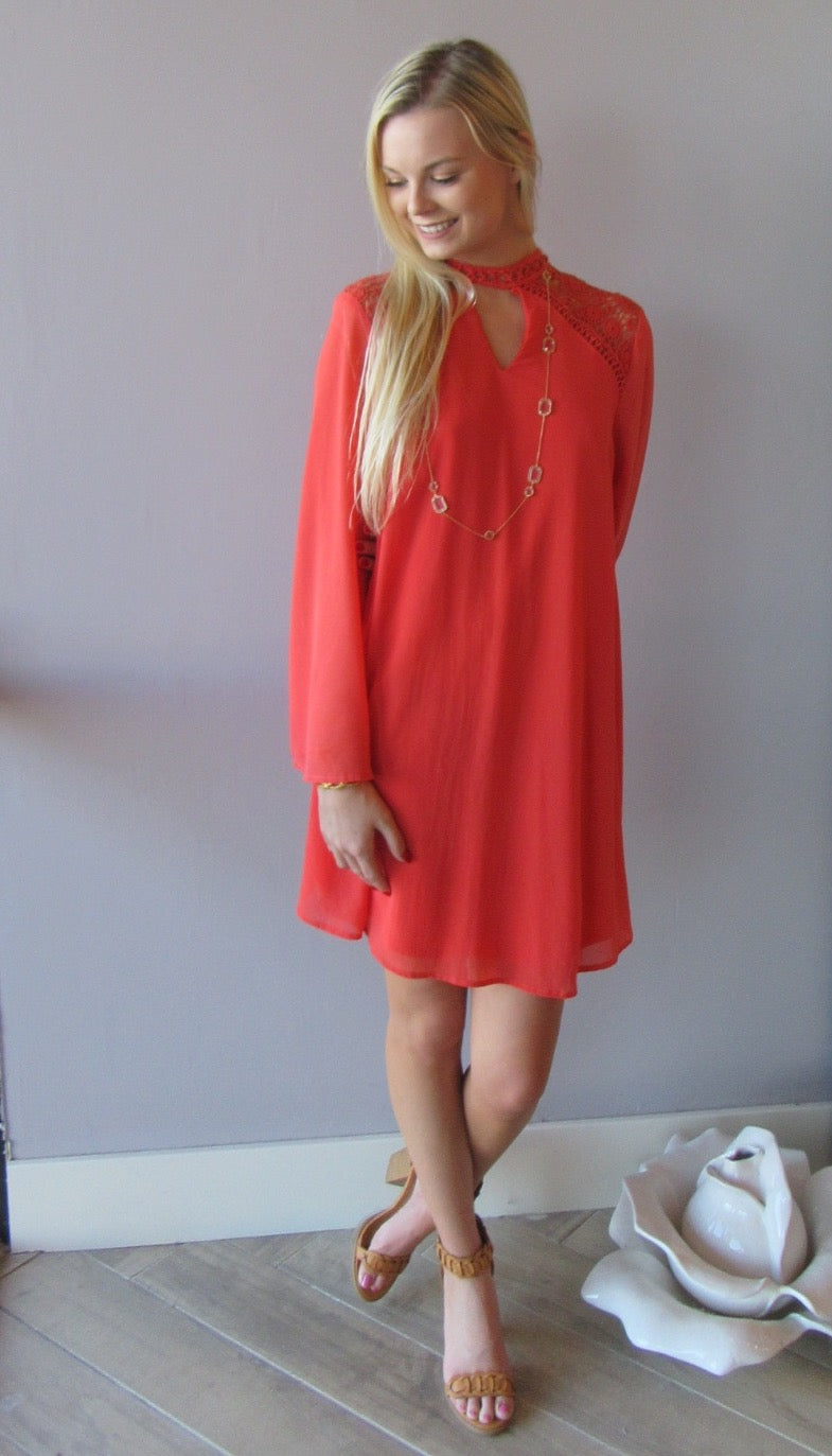 BENEDICTION Lace Contrast BellSleeve Chiffon Sheath Dress