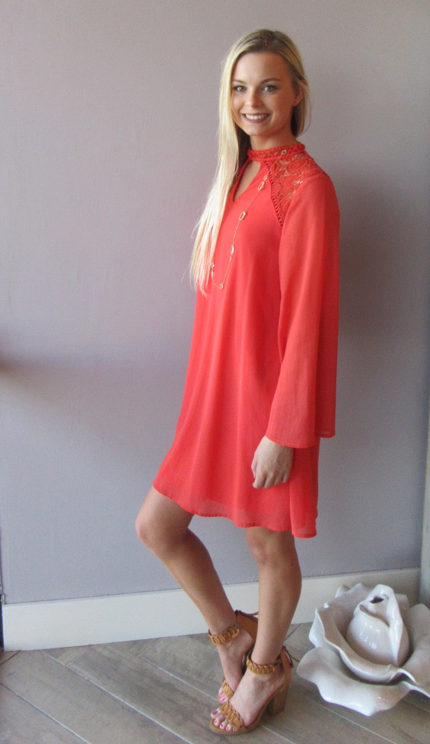 BENEDICTION Lace Contrast BellSleeve Chiffon Sheath Dress