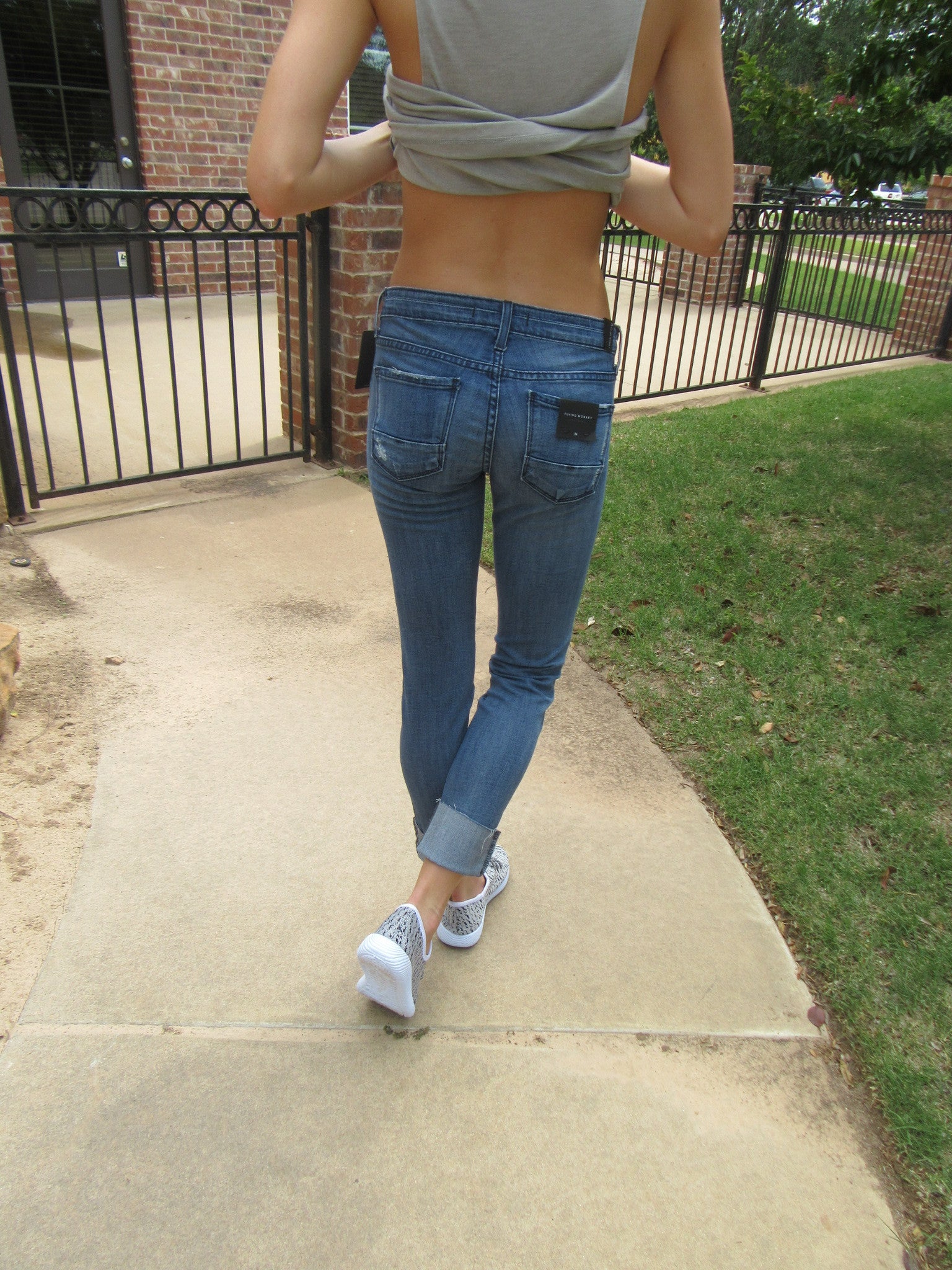 FLYING MONKEY Cuffed Distressed MICHIGAN BLUE Girlfriend Jean