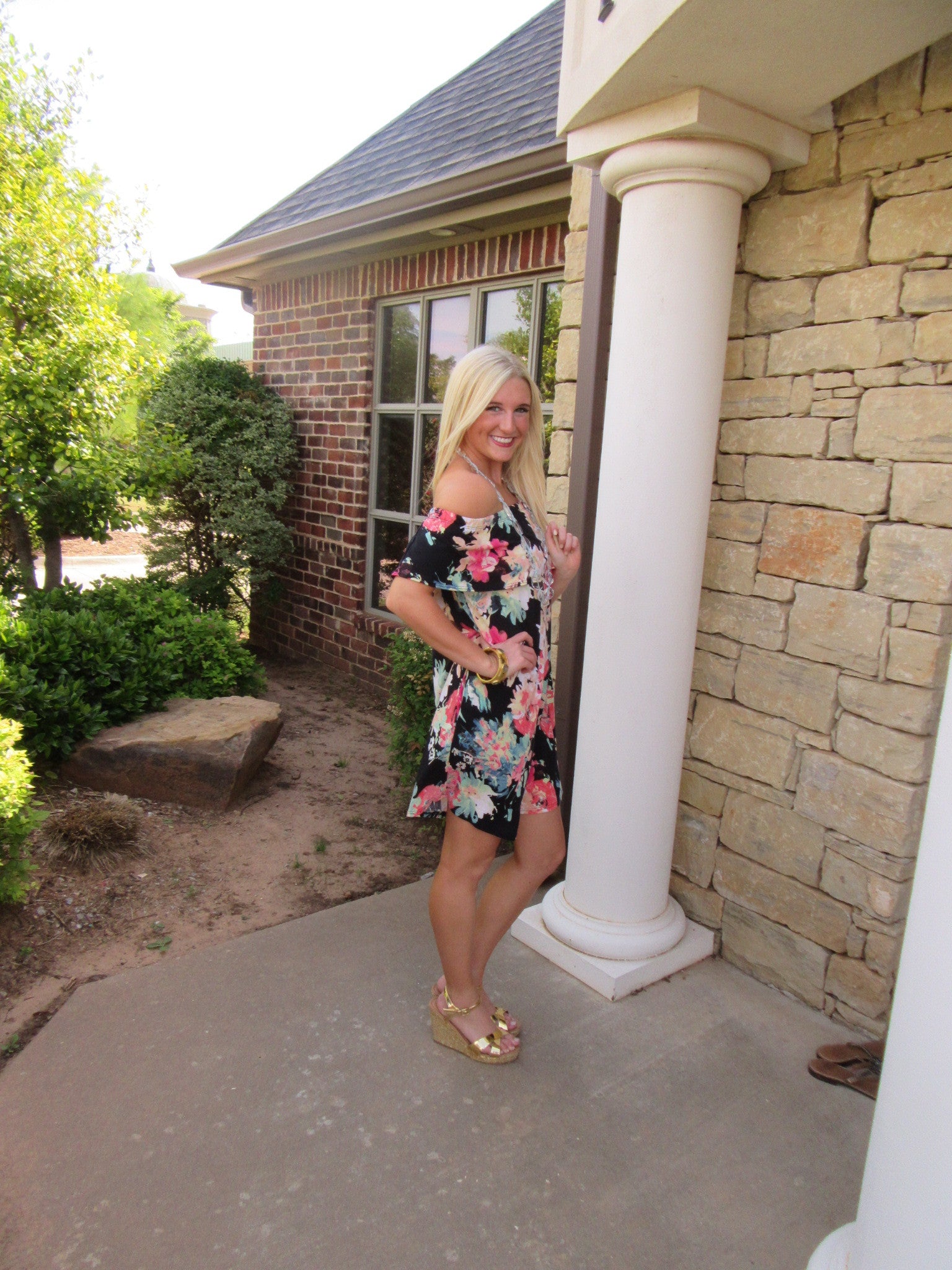 SECRET GARDEN Floral Ruffled OffShoulder Jersey Knit Dress