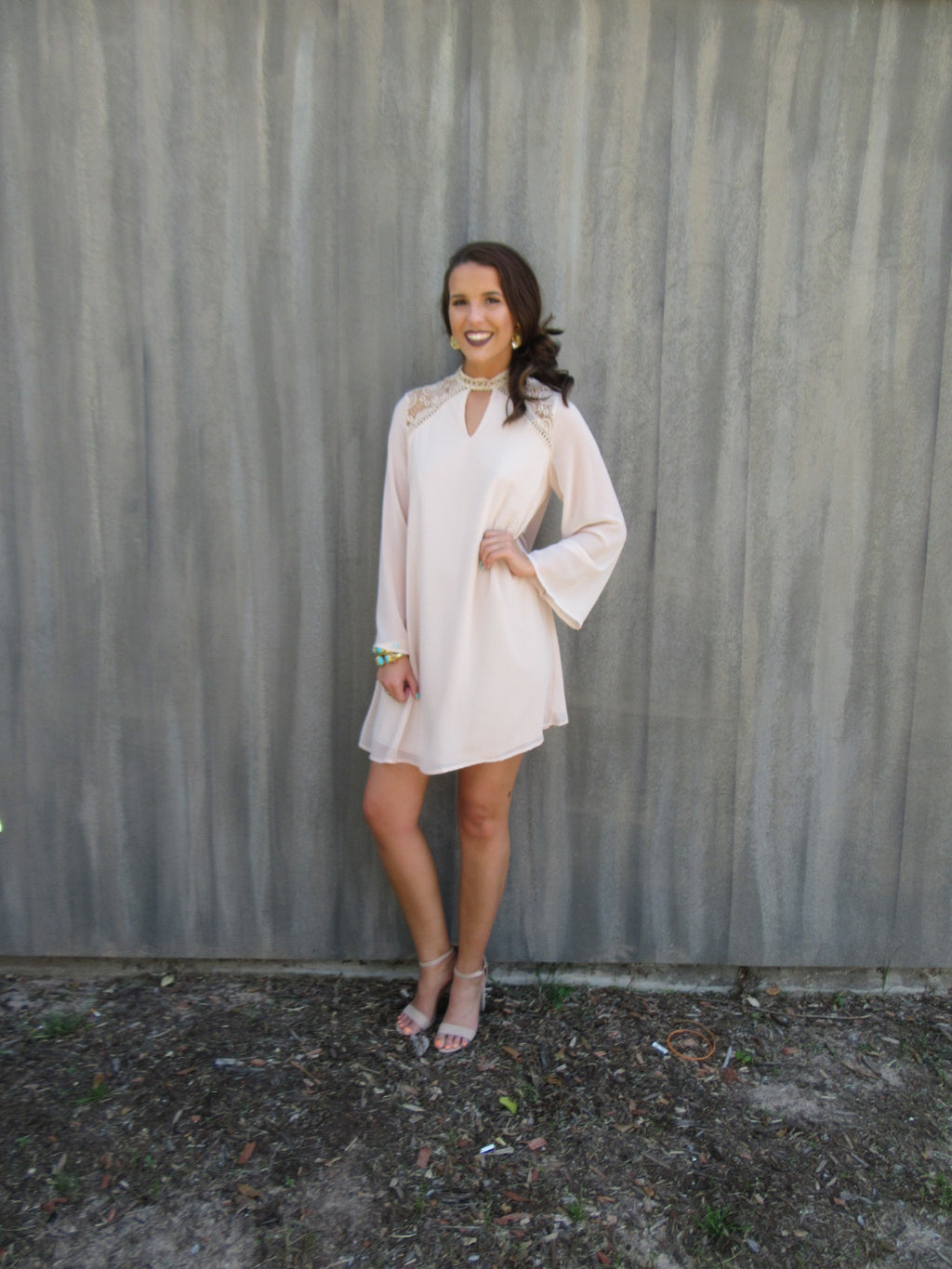 BENEDICTION Lace Contrast BellSleeve Chiffon Sheath Dress