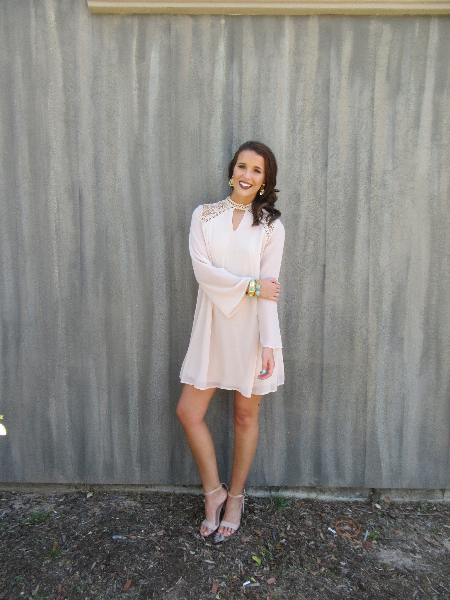 BENEDICTION Lace Contrast BellSleeve Chiffon Sheath Dress