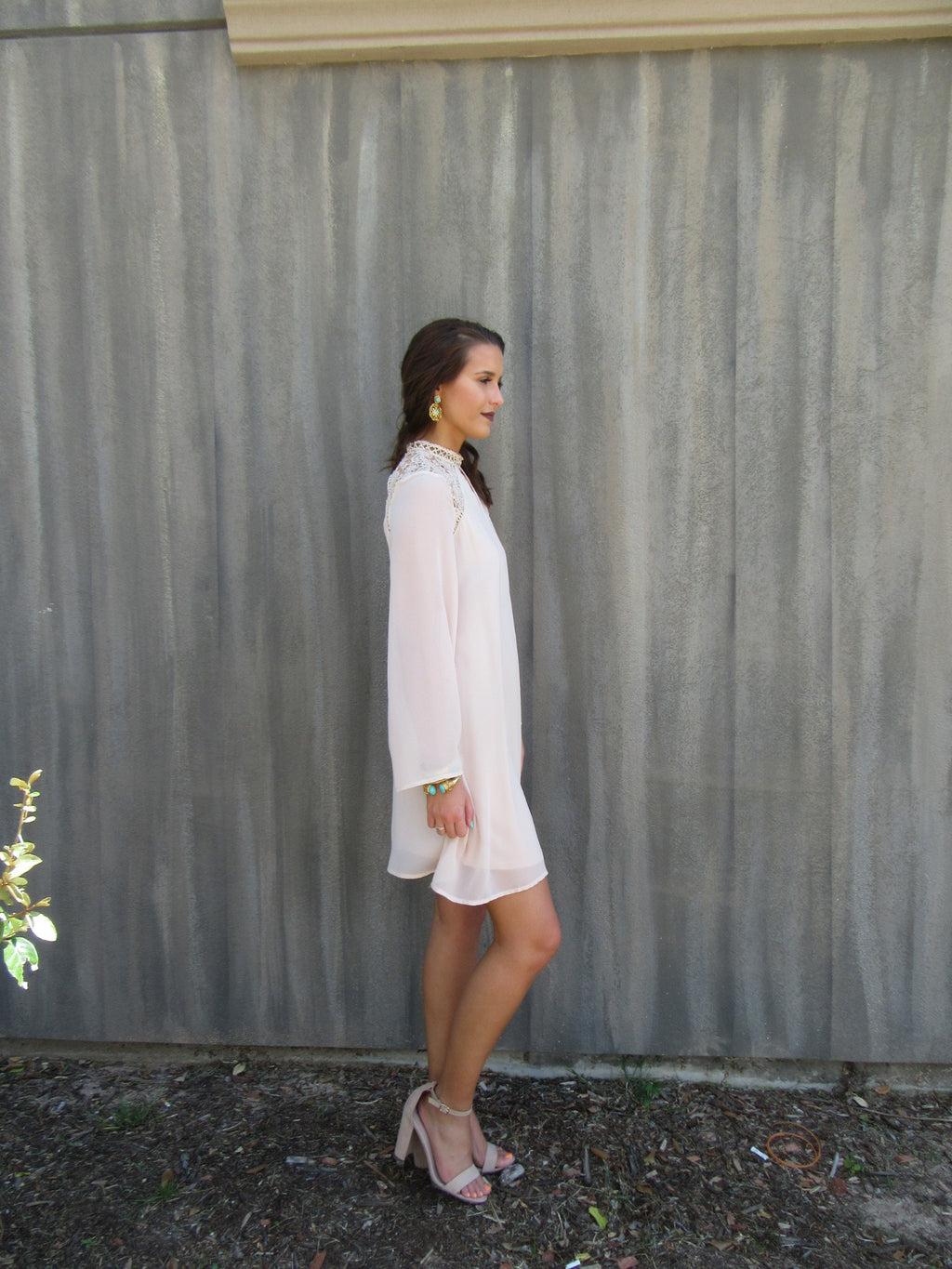 BENEDICTION Lace Contrast BellSleeve Chiffon Sheath Dress