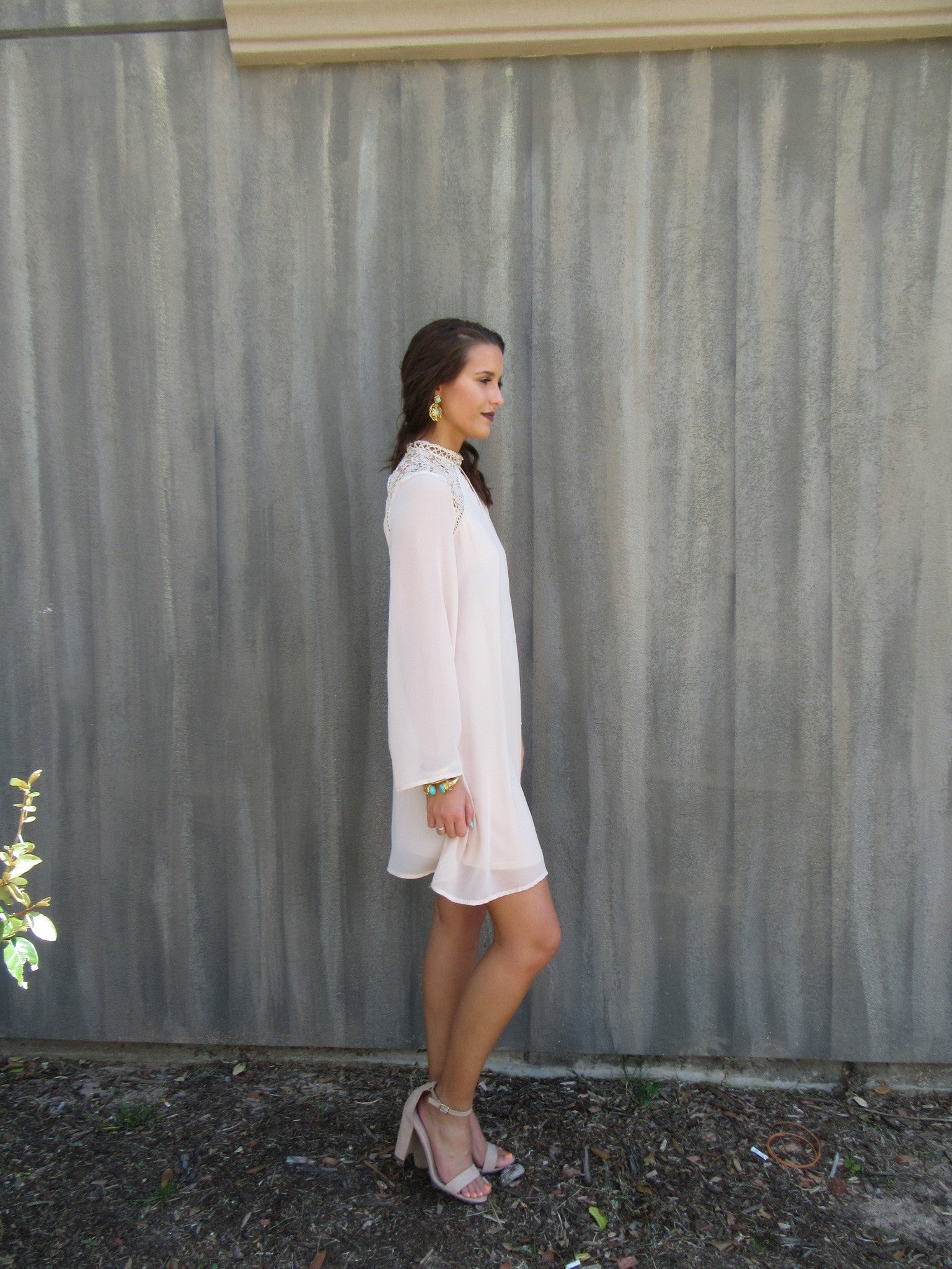 BENEDICTION Lace Contrast BellSleeve Chiffon Sheath Dress