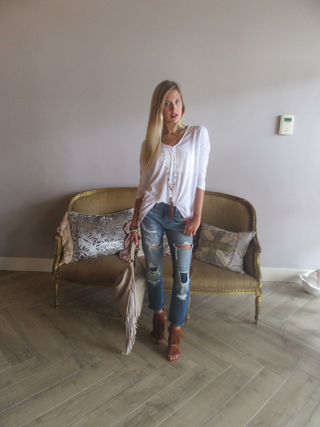 BOBI 3/4 Sleeve WALK ON THE BEACH Slub HiLo V-Neck Tunic Top