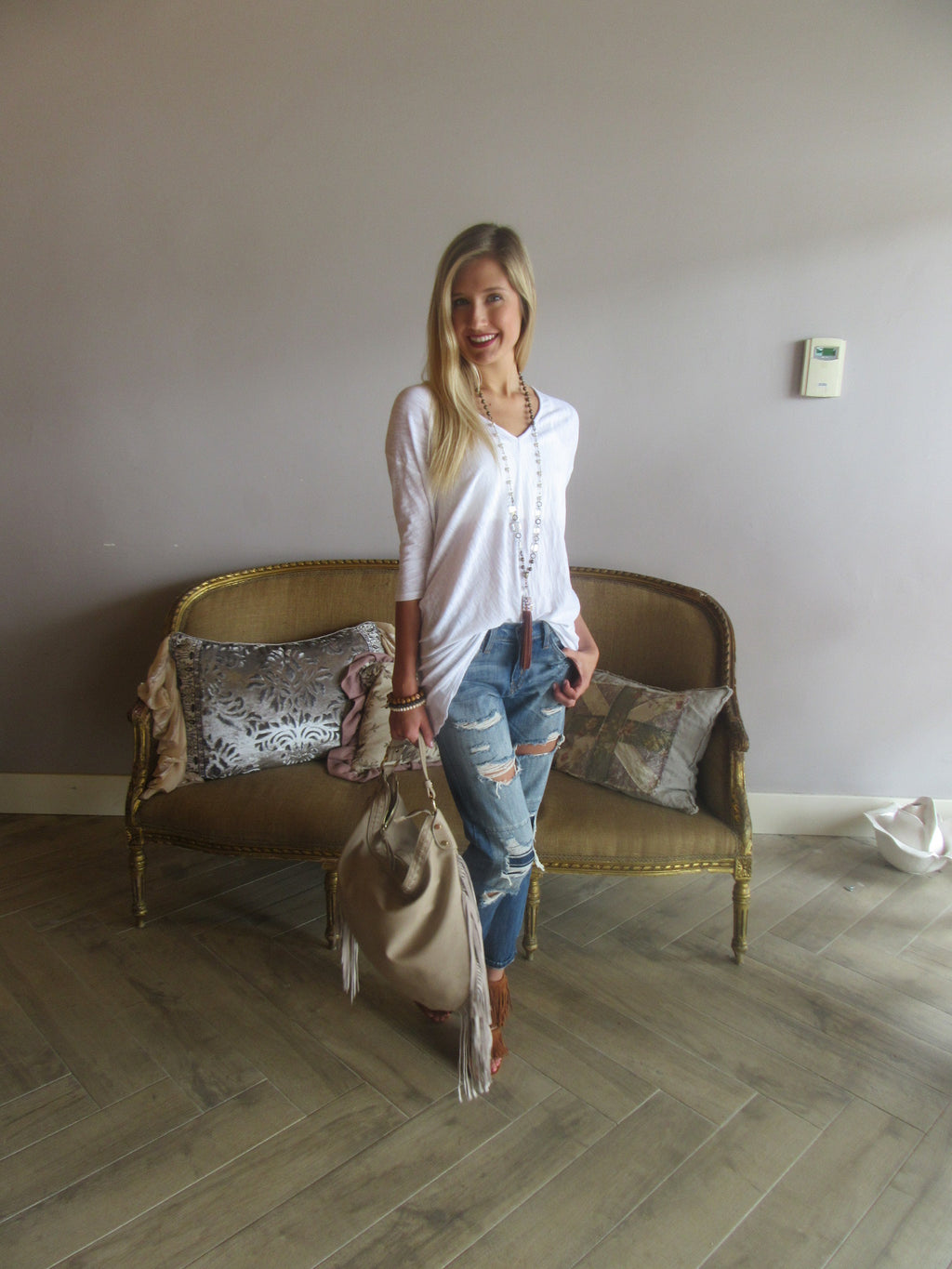 BOBI 3/4 Sleeve WALK ON THE BEACH Slub HiLo V-Neck Tunic Top