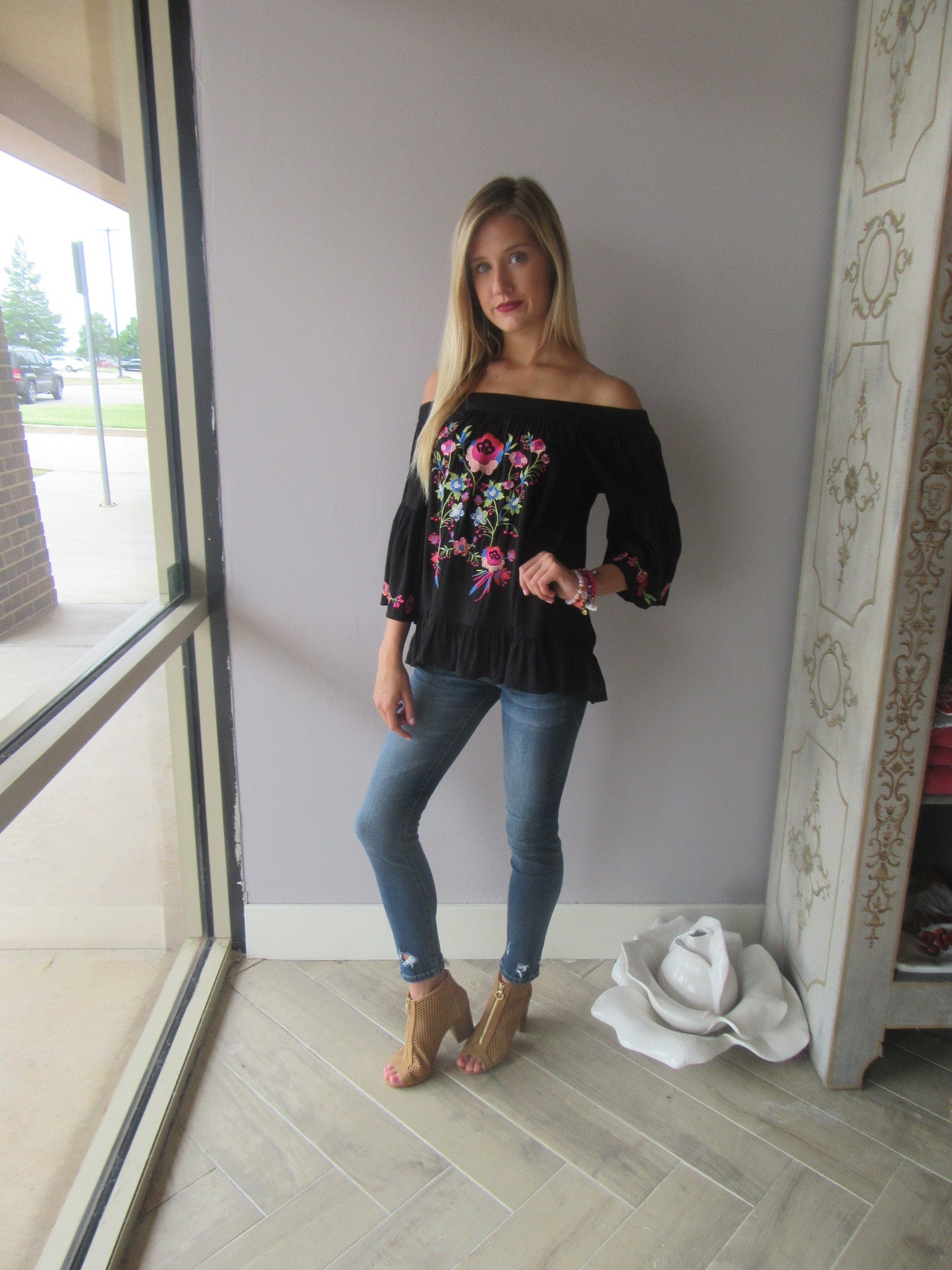 BRIGHT SIDE Embroidered Floral OffShoulder RuffleHem Top