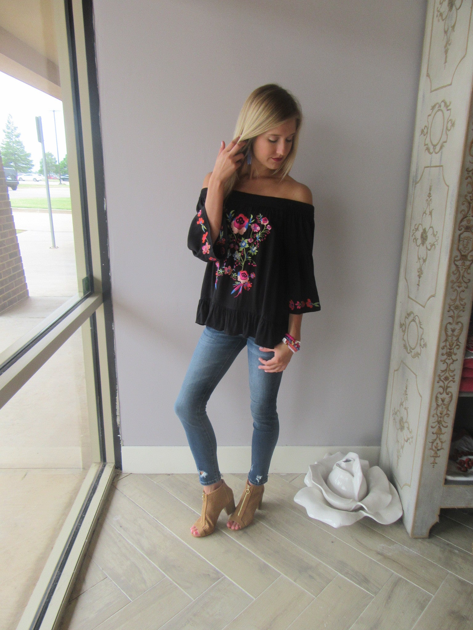 BRIGHT SIDE Embroidered Floral OffShoulder RuffleHem Top