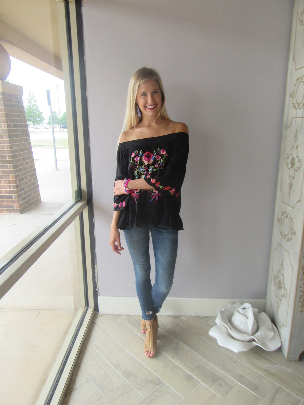 BRIGHT SIDE Embroidered Floral OffShoulder RuffleHem Top