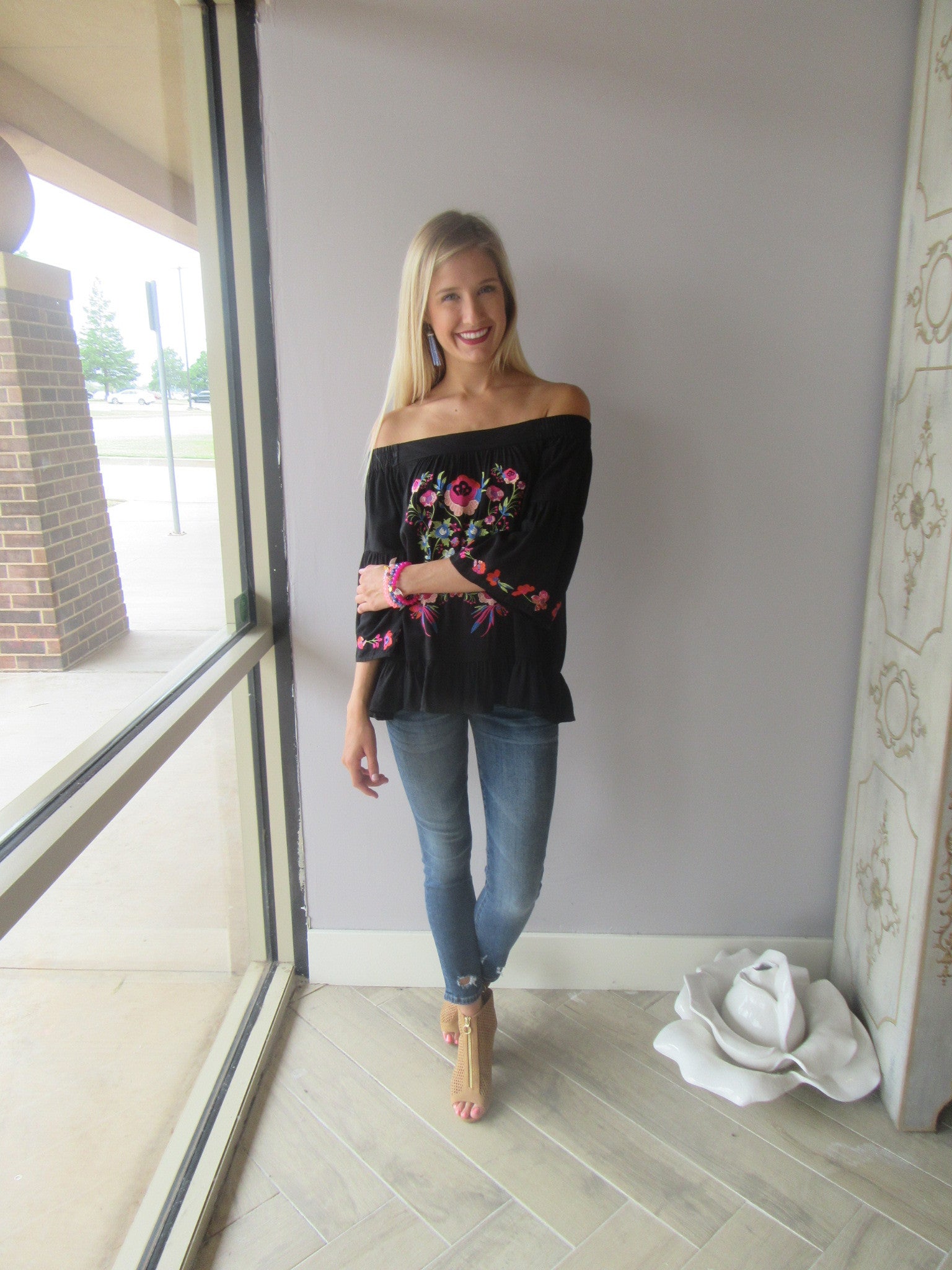 BRIGHT SIDE Embroidered Floral OffShoulder RuffleHem Top
