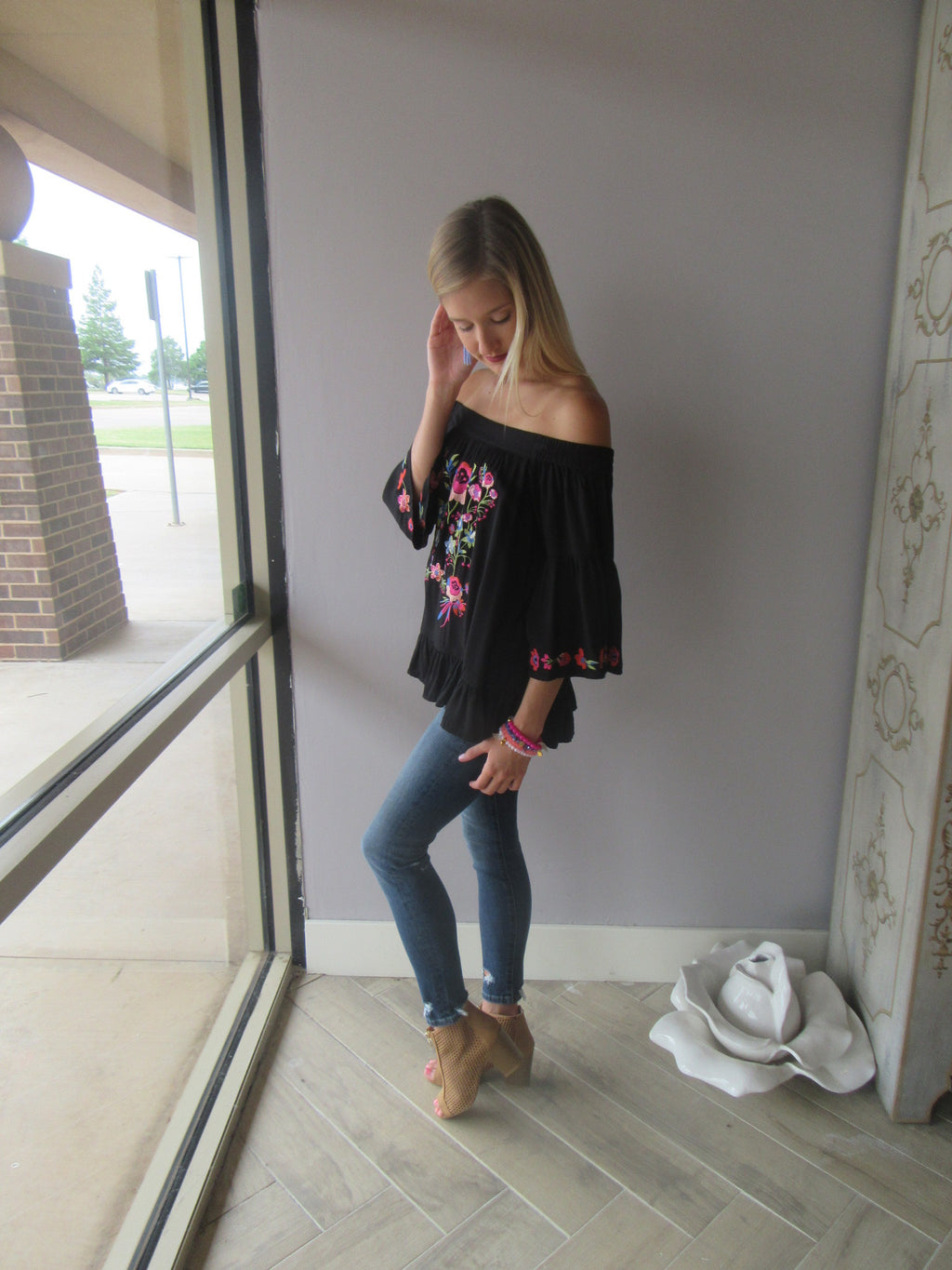 BRIGHT SIDE Embroidered Floral OffShoulder RuffleHem Top