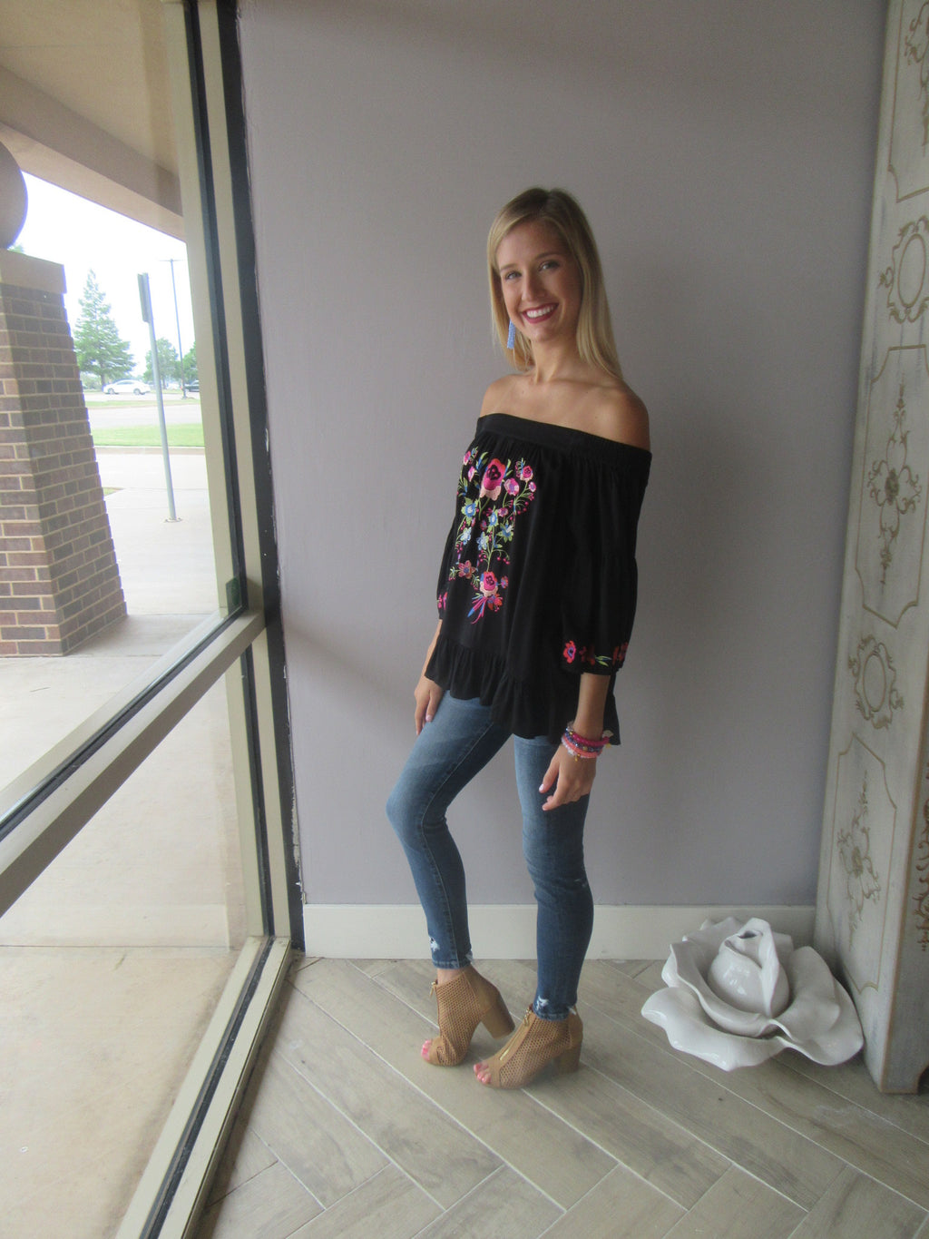 BRIGHT SIDE Embroidered Floral OffShoulder RuffleHem Top