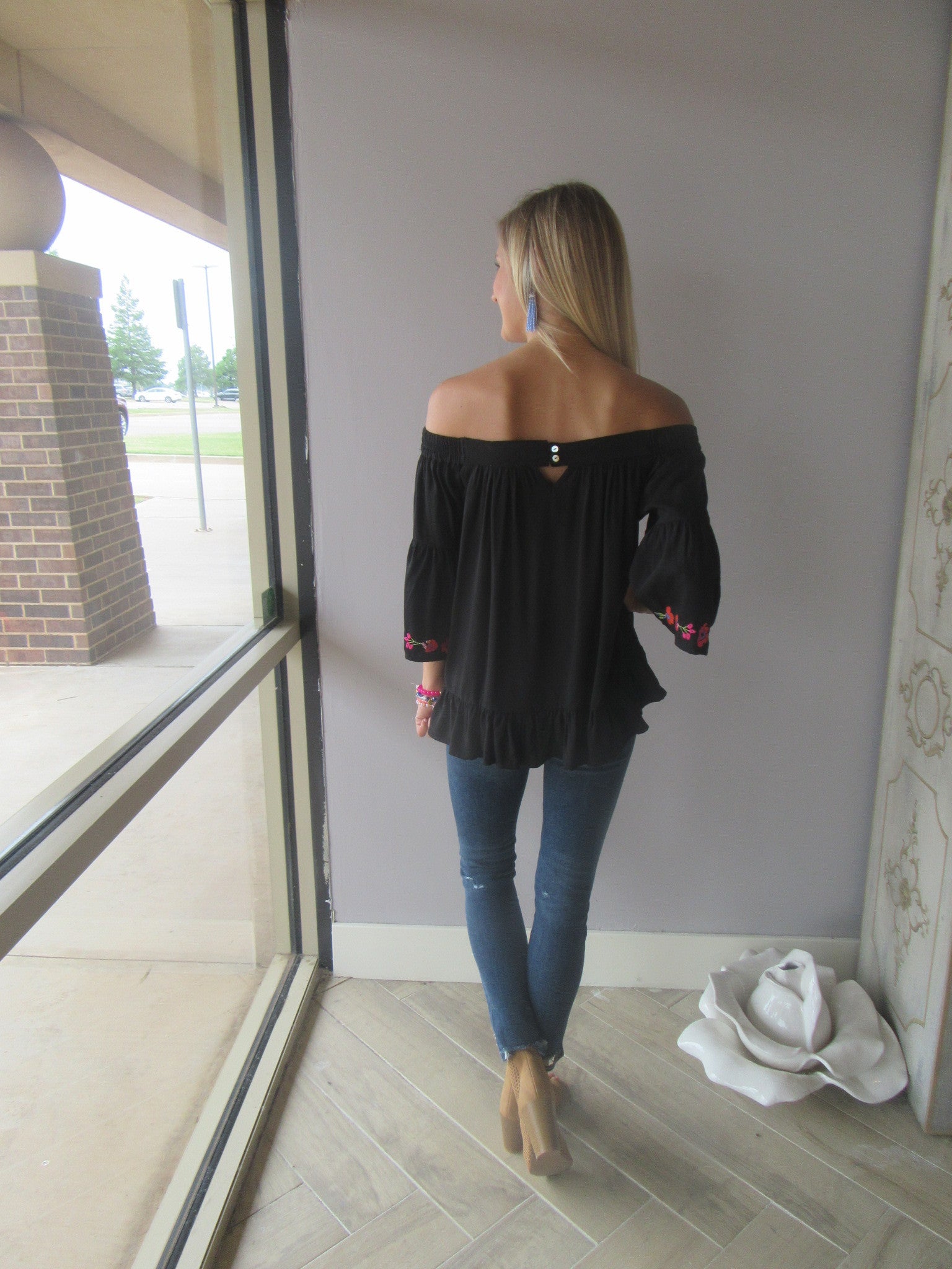 BRIGHT SIDE Embroidered Floral OffShoulder RuffleHem Top