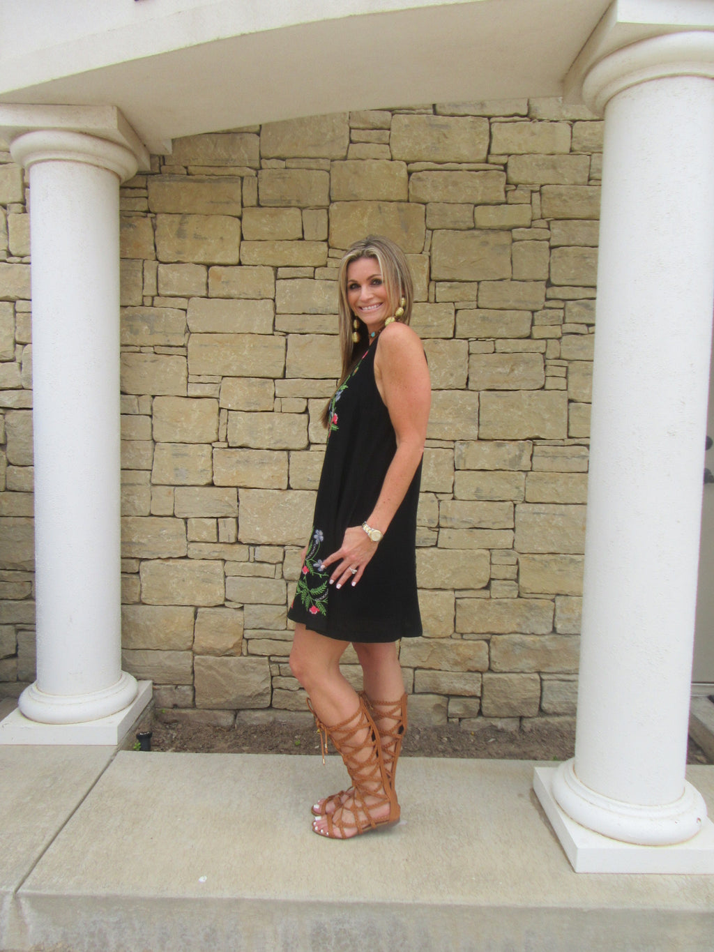 BARBADOS Floral Embroidered Linen V-Neck Pocket Dress