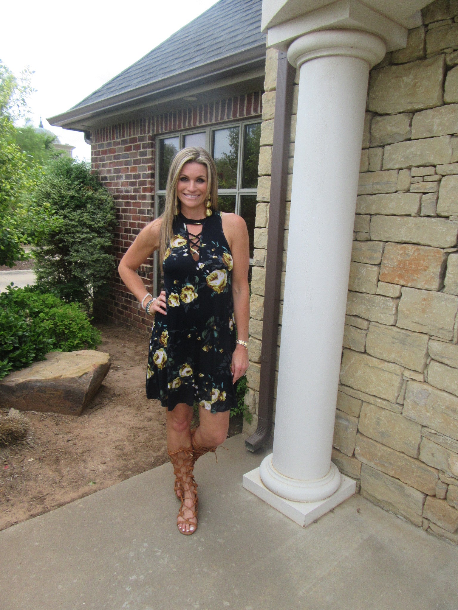 ENCHANTMENT Floral X-Front HiNeck Jersey Dress