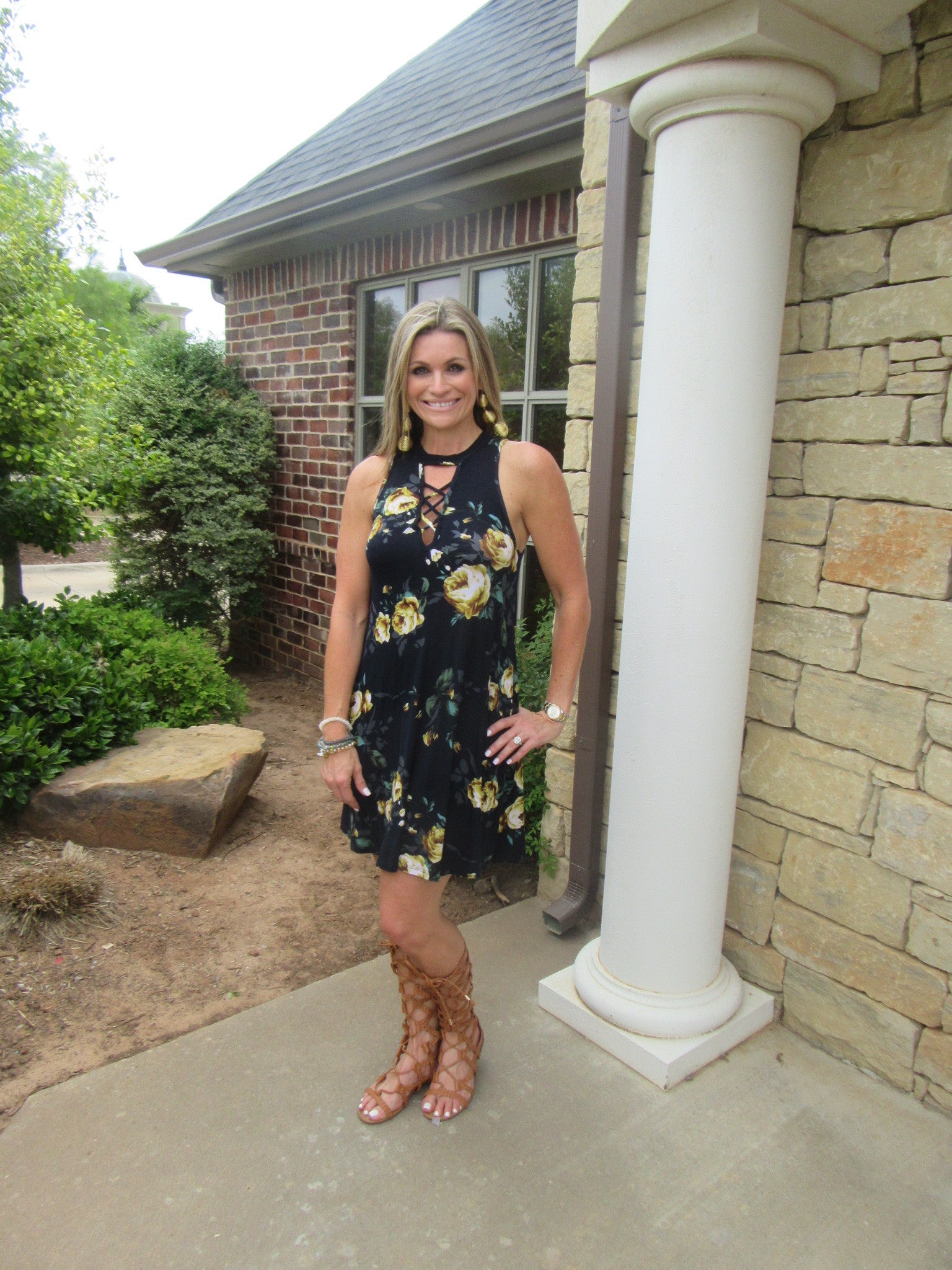 ENCHANTMENT Floral X-Front HiNeck Jersey Dress