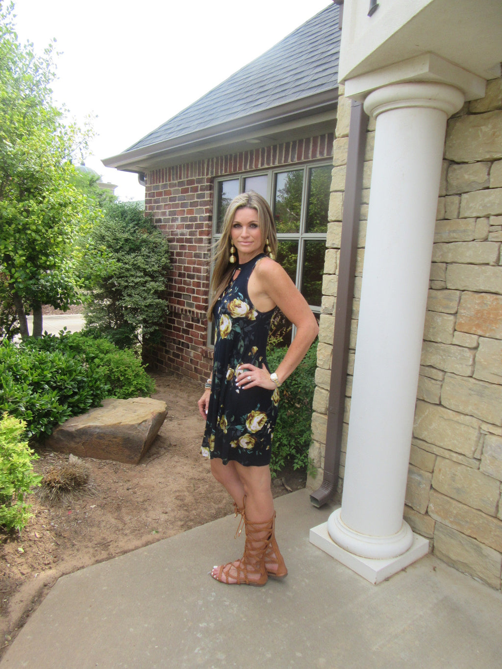 ENCHANTMENT Floral X-Front HiNeck Jersey Dress