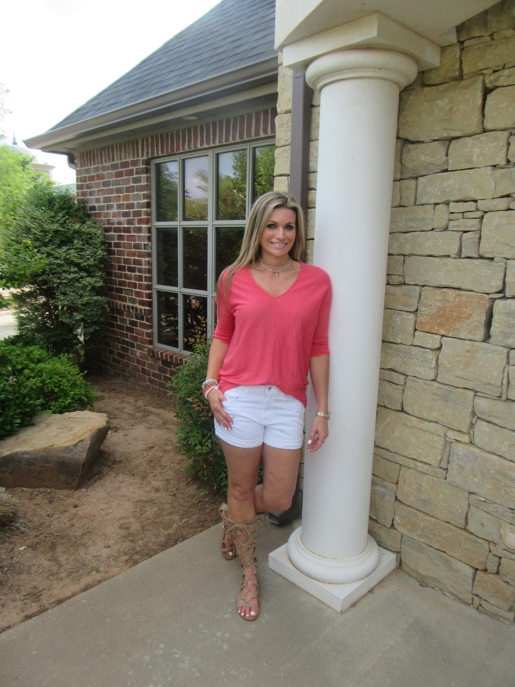 BOBI 3/4 Sleeve WALK ON THE BEACH Slub HiLo V-Neck Tunic Top