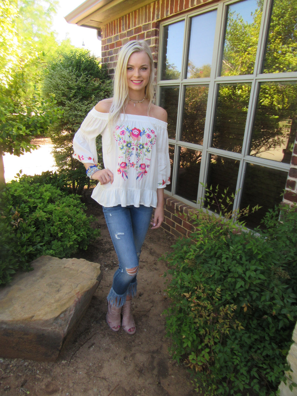 BRIGHT SIDE Embroidered Floral OffShoulder RuffleHem Top