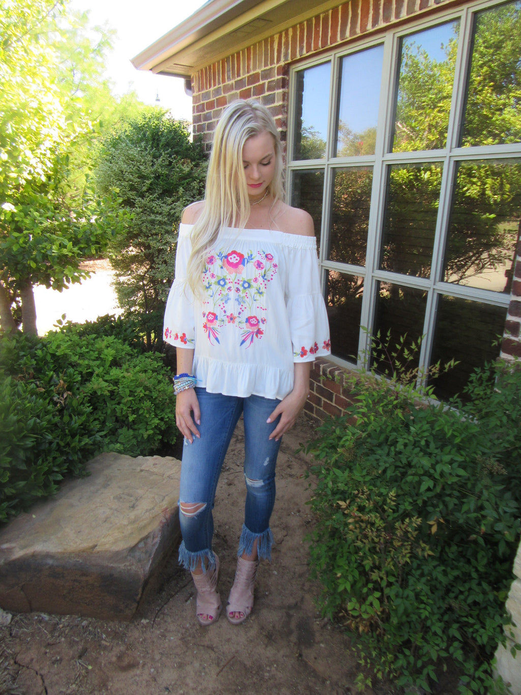 BRIGHT SIDE Embroidered Floral OffShoulder RuffleHem Top