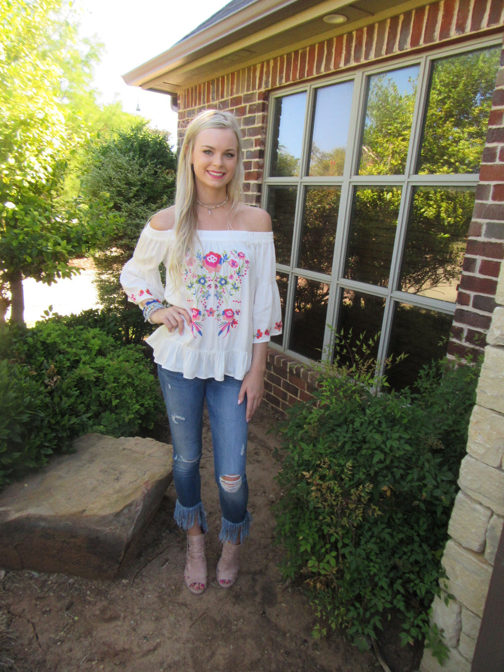 BRIGHT SIDE Embroidered Floral OffShoulder RuffleHem Top