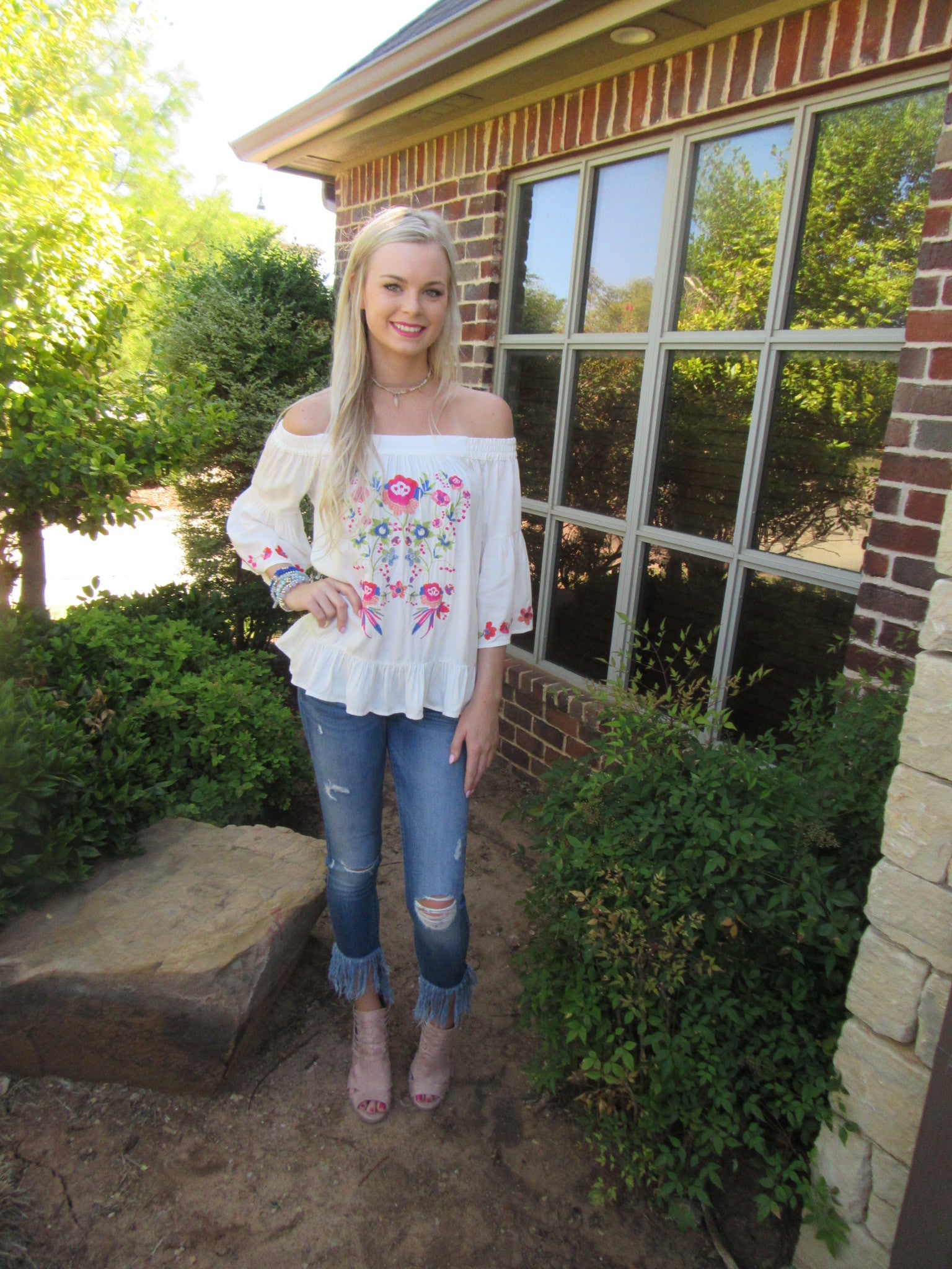 BRIGHT SIDE Embroidered Floral OffShoulder RuffleHem Top