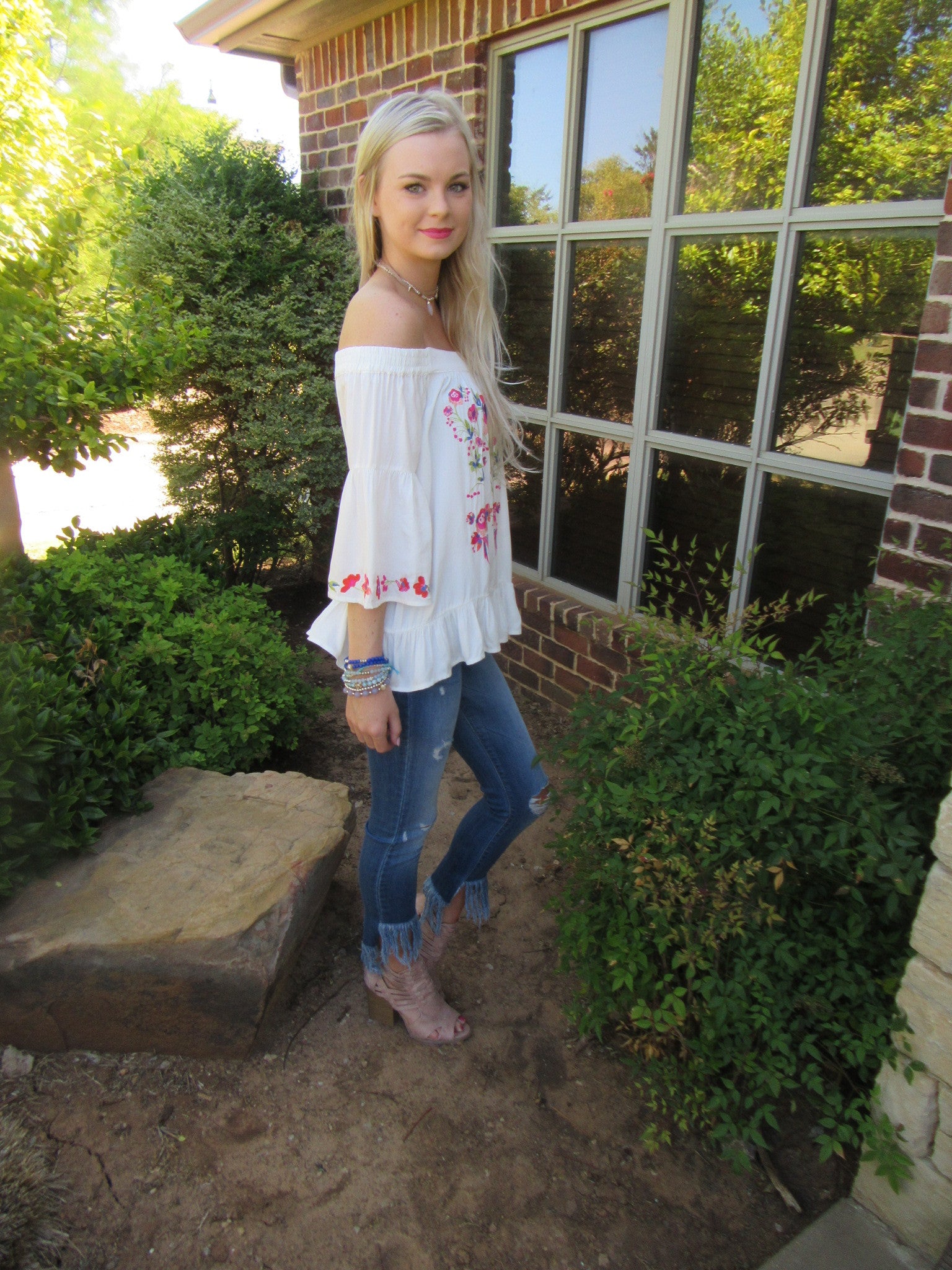 BRIGHT SIDE Embroidered Floral OffShoulder RuffleHem Top