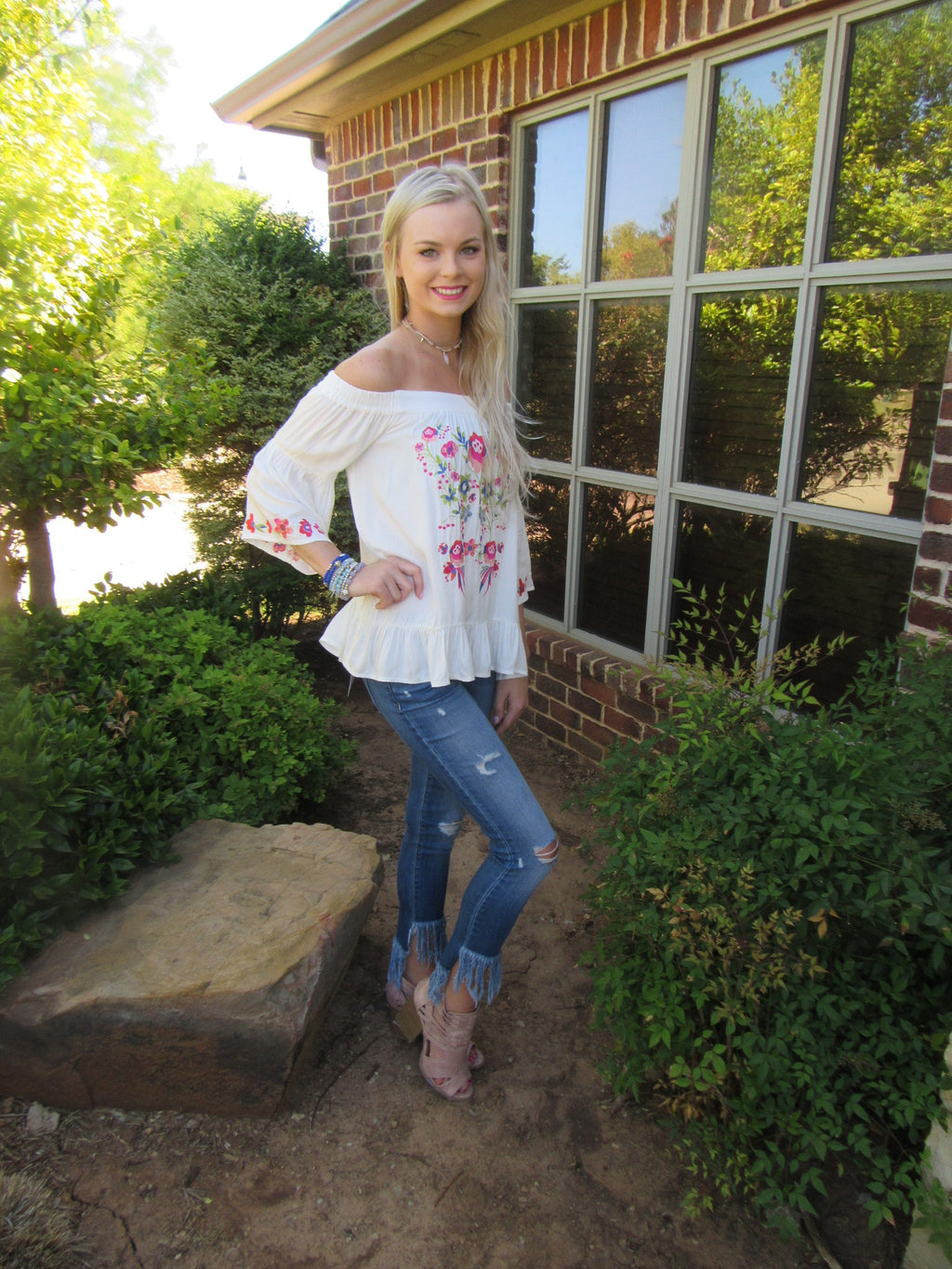 BRIGHT SIDE Embroidered Floral OffShoulder RuffleHem Top