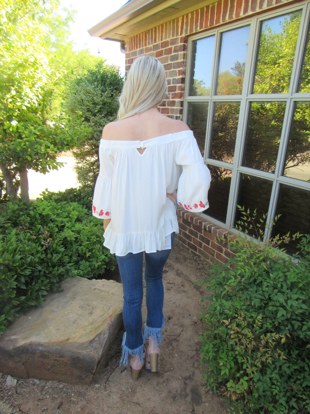 BRIGHT SIDE Embroidered Floral OffShoulder RuffleHem Top