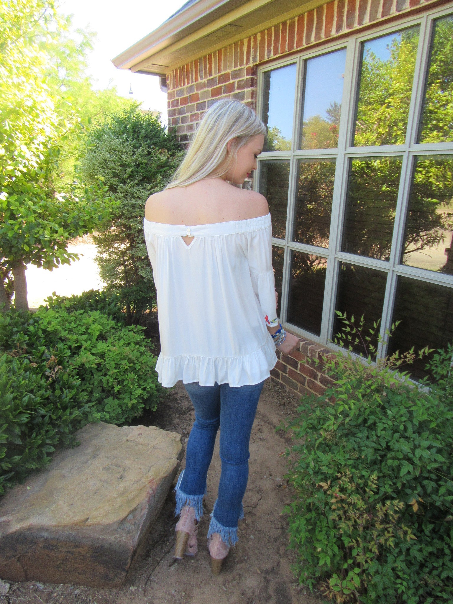 BRIGHT SIDE Embroidered Floral OffShoulder RuffleHem Top