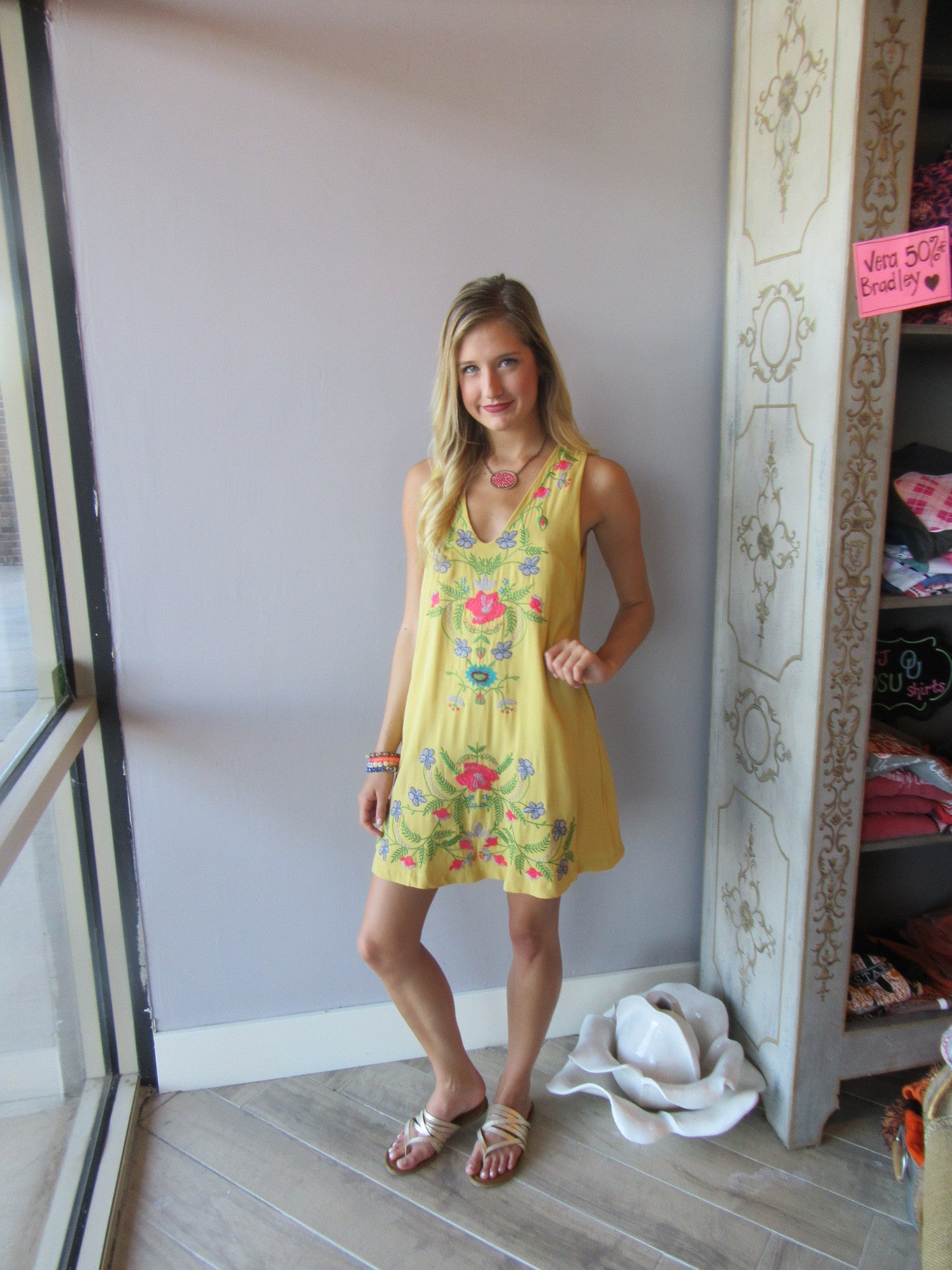 BARBADOS Floral Embroidered Linen V-Neck Pocket Dress